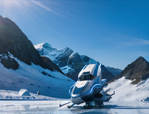  dynamic photography. Spaceship flying low over icy mountains 