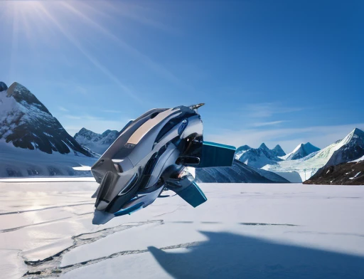  dynamic photography. Spaceship flying low over icy mountains 