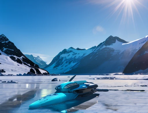  dynamic photography. Spaceship flying low over icy mountains 