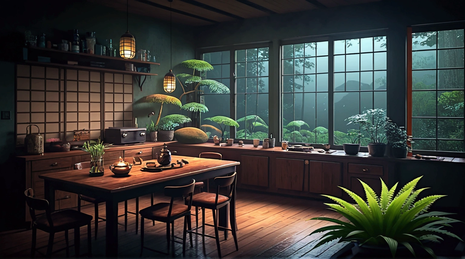 Bedroom view with fire in the fireplace in the room, large windows overlooking the forest, quiet night. original image, rainy day. original rendering, rainy night, gloomy cinematic lighting, atmosphere. digital painting, moody cartoon scenes, dramatic lighting. cinematic, cinematic,concept art, atmospheric shots, gloomy weather. hyperrealistic, atmospheric rendering, rainy night, huge forest, cinematic, 4k, ultra hd,atmospheric and gritty details, beautiful and cinematic lighting, rainforest