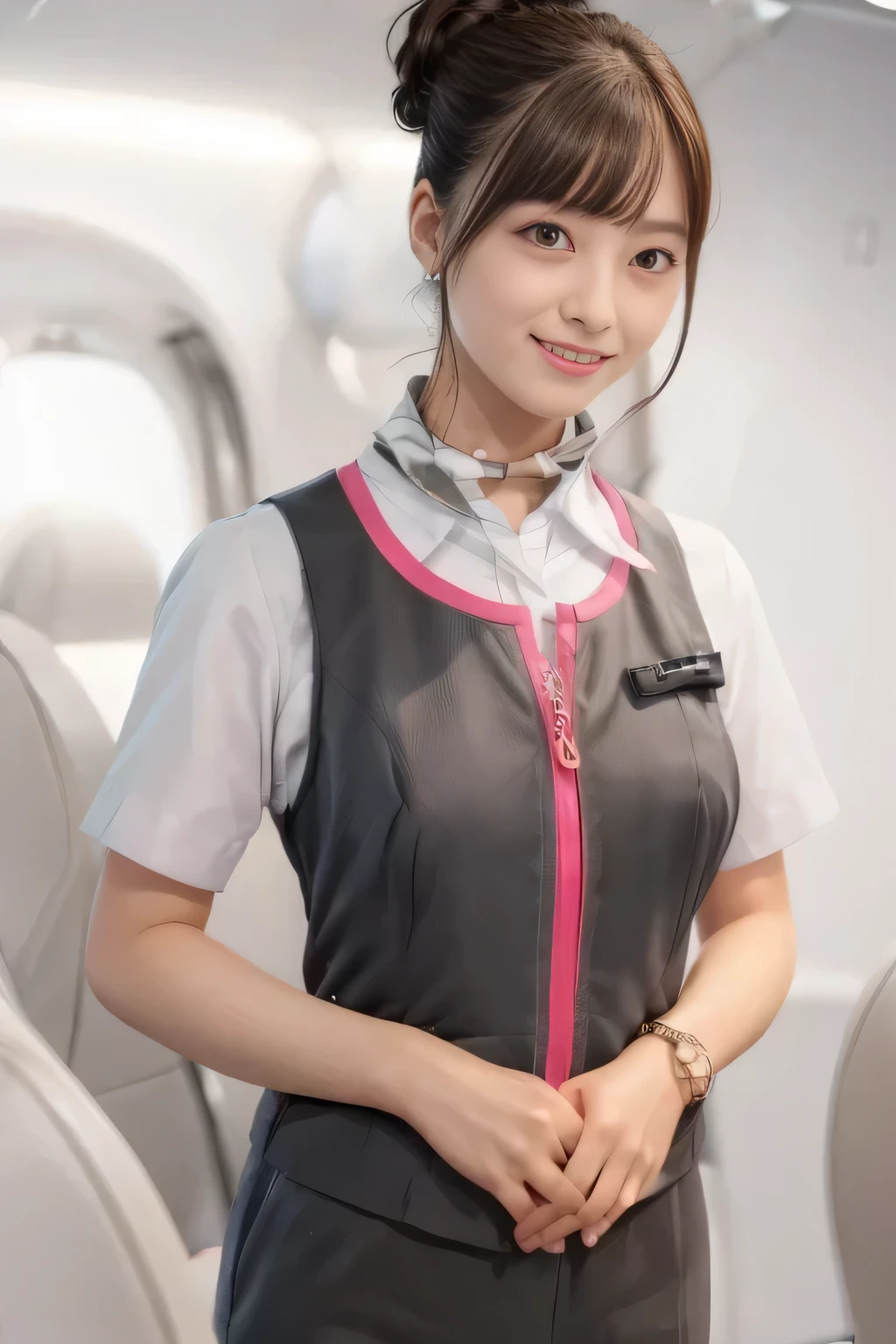 (masterpiece:1.2, Highest quality:1.2), 32k HDR, High resolution, (alone、1 girl)、(On the roof of a building、Professional Lighting)、daytime background、(Realistic style of JR Gran Class crew uniform)、Short sleeve blouse、a scarf around the neck、(JR Gran Class flight attendant uniform with pink parts on the skirt sleeves)、(The uniform of the flight attendants of JR Gran Class has a pink line on the front zipper of the vest.)、There are no pink lines on the uniform skirts of flight attendants in JR Gran Class、Dark brown hair、(Hair tied up、Chignon)、Dark brown hair、Long Shot、Big Breasts、((Great hands:2.0)),((Harmonious body proportions:1.5)),((Normal limbs:2.0)),((Normal finger:2.0)),((Delicate eyes:2.0)),((Normal eyes:2.0)))、Luxury earrings、smile、Beautiful standing posture,