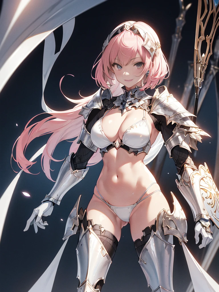 Photo of a woman in armor, Bikini Armor Female Knight,(White rubber bikini:1.3),Bikini Armor, Girl in Armor, Otherworld fantasy game characters,Slender figure,Cleavage,belly button,Pink Hair,Flushed Cheeks,Embarrassing,smile,Bikini Armor, Bikini Armor, glossy White Armor, ornate Bikini Armor, thick装甲, thick, Kschaert Krentz Key Art Feminine, Female Knight, shiny silver armor, White Armor, Pale black armor, Highly detailed art gems,