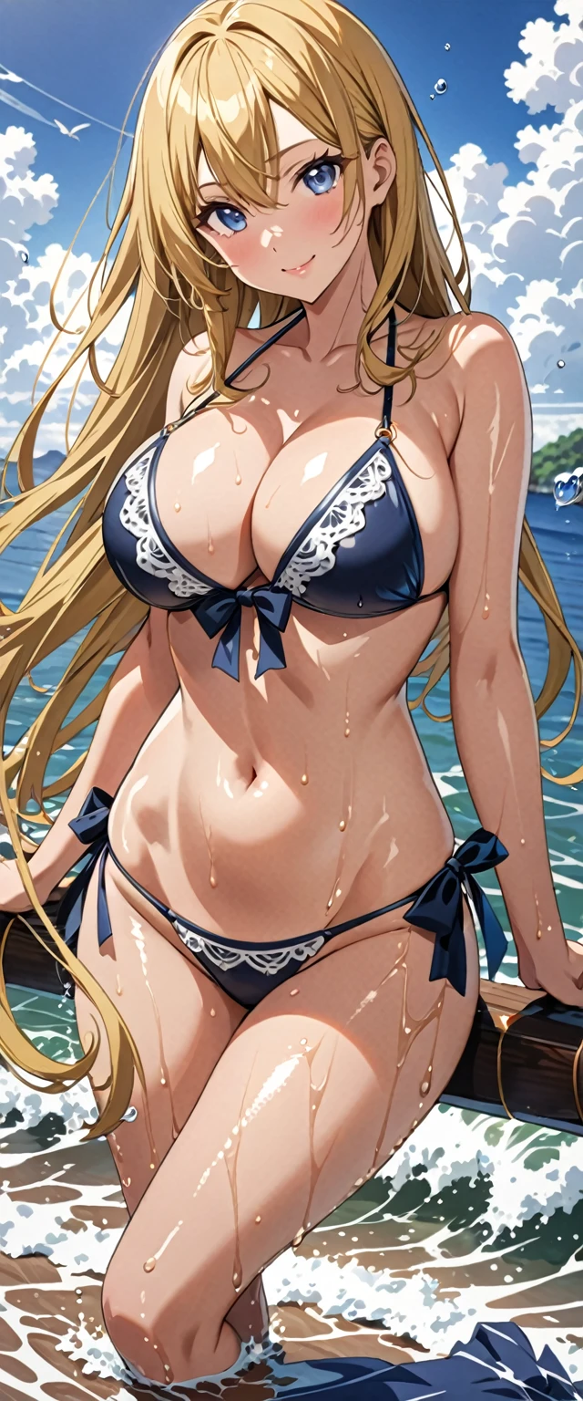 ((masterpiece)), ((high quality)), ((super detailed)), ((high resolution)) ,((8k)), a beautiful woman, ((She is one of the most famous female Gravure Idol in the world.)), unparalleled beauty, ((huge breast)), ((large ass)), ((deep cleavage:1.4)), slim waist, chest out, ultra detailed face, perfect skin, (((Blonde straight hair))), blue eyes, detailed eyes, whole body image, (((anime))), ((glamorous)), ((((26 years old)))), ((incredibly beautiful woman)), ((The I cup bust)), ((((Noble string bikini)))), ((beautiful breasts)), beautiful legs, ((8 life size)), anime, ((charm)), ((British Beauty)), ((Grown-up face)), ((Bewitching)), ((swim in the sea)), ((Gravure pose, Captivating smile)), wet, ((During the gravure shoot)), Adult beauty, ((Up close)),