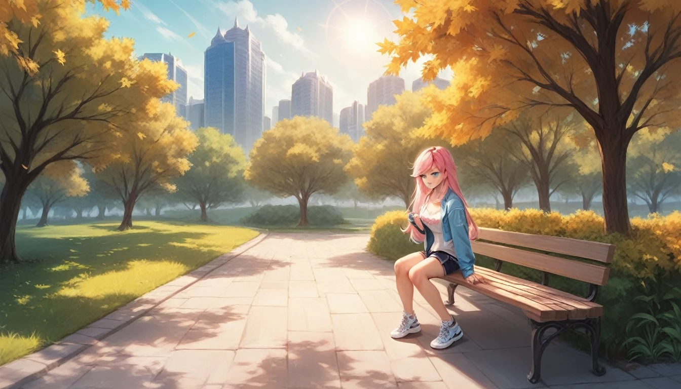 realistic, 8k, a beautiful anime girls, blue eyes, with long pink hair, white tide shirt, body goals, blue jacket, short pants, white sneakers shoes, individual sitting on a park bench. The sun is bright, casting gentle shadows, with golden-yellow leaves on the trees, A serene urban park at midday, with a blend of nature and cityscape in the background The color palette is warm and vibrant, with yellows, oranges, and soft greens, creating an uplifting and motivational atmosphere, The style is soft and illustrated, with smooth lines and gentle textures.