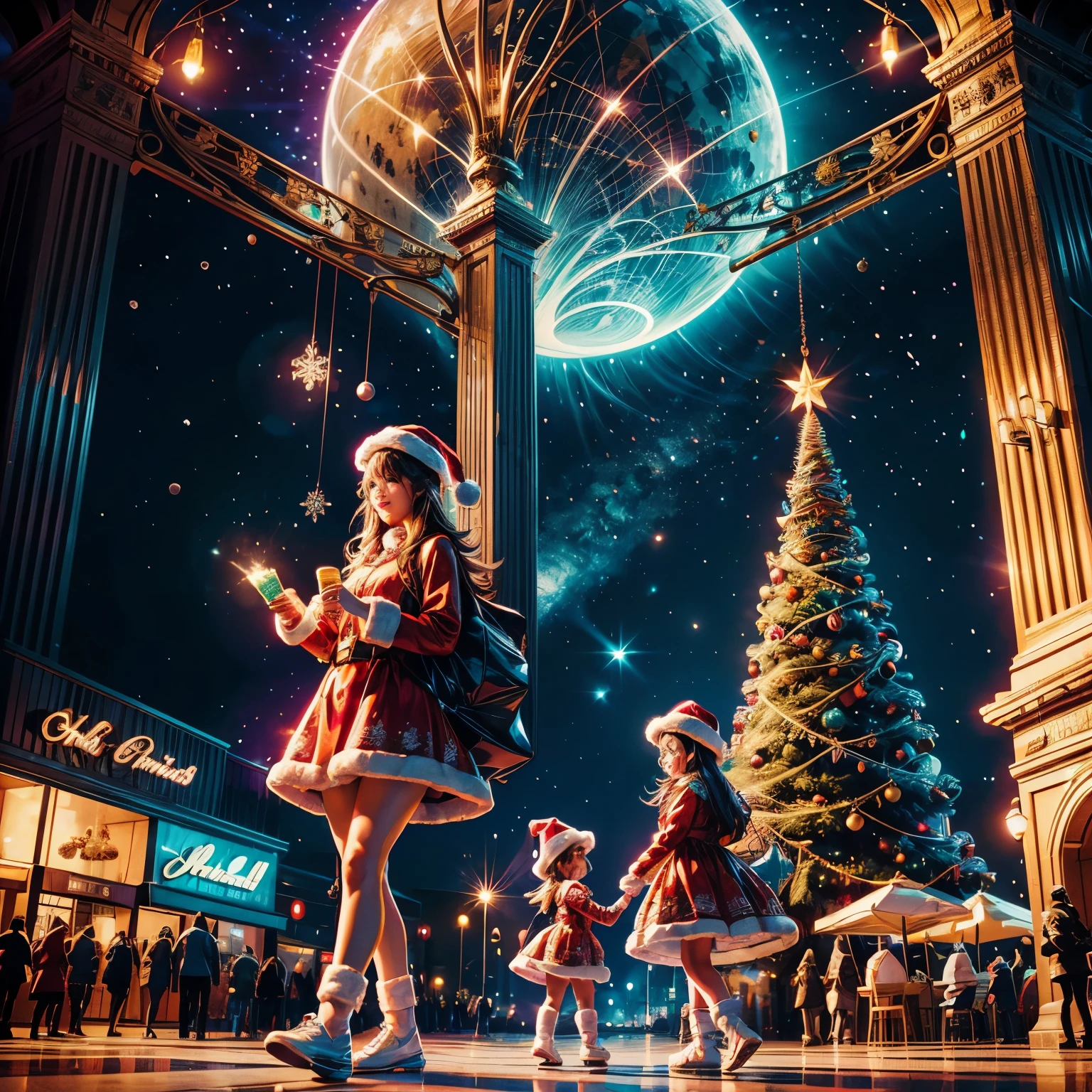 (((Vector illustration style))),Bright colors彩, Magical atmosphere, Whimsical, Sparkling, fantasy christmas world,Vivid colors, Bright colors, Magical atmosphere, Whimsical, Sparkling,fantasy christmas world,Inside the Christmas mall,A huge Christmas tree was decorated with illuminations、pom-pom、Christmas socks,christmas pendant,pile of presents under the tree。Young couple admiring Christmas decorations at a shopping mall,Surrounded by performers in Santa Claus costumes and Santa Claus statues。Christmas mall like a fairy tale world,full of magic, (Colors like Ghibli, throw, First Person View, Accurate, Anatomically correct, Super Detail, Attention to detail, high quality, Awards, 最high quality) 🎈🍦🍹❤🔆🕡(😘👩🎀👗⚜👒🥿👡🩲💅)🎪🎢🎡🎠 Ultra_high-def Ultra_Photo-realistic optimal Ultra_high-quality opengl-shaders Ultra_high-details Accurate reflex Ultra_High Resolution Perfect Volume Lightening Improved Octane_render uhd xt3 dslr hdr 3dcg shadow analog ecstatic symmetrical beholder sundrop cinematic_Sunlight UnrealEngine5 Masterpiece Deep Path Equirectangular_360 Various Multis etc.. --s 1000 --c 20 --q 20