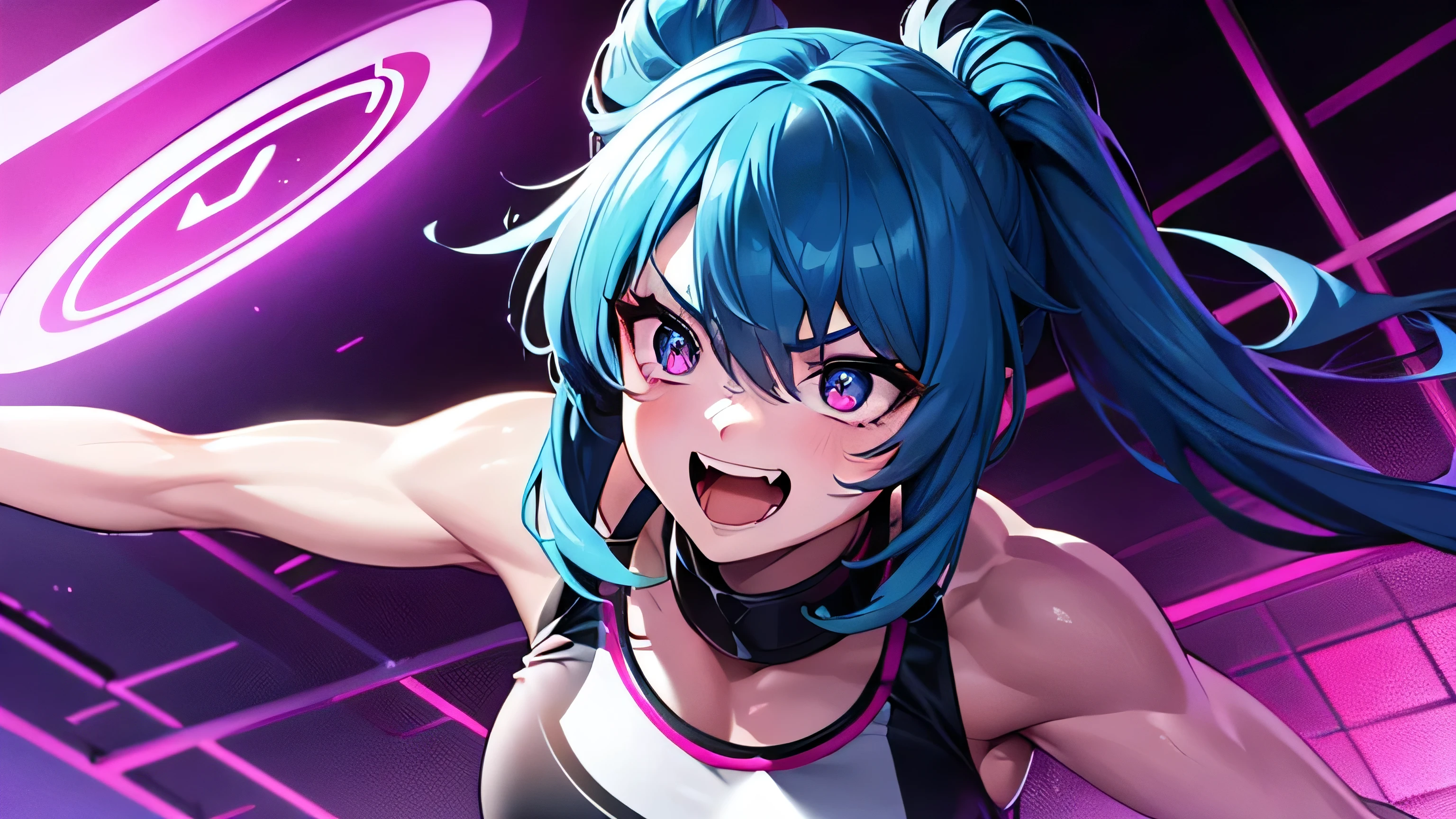 Create an image of a young woman with a crazed, intense expression and a well-defined, muscular physique in a neon-lit gym. Her face should reflect a mix of exhilaration and wild determination, with wide eyes and a fierce, almost manic smile.