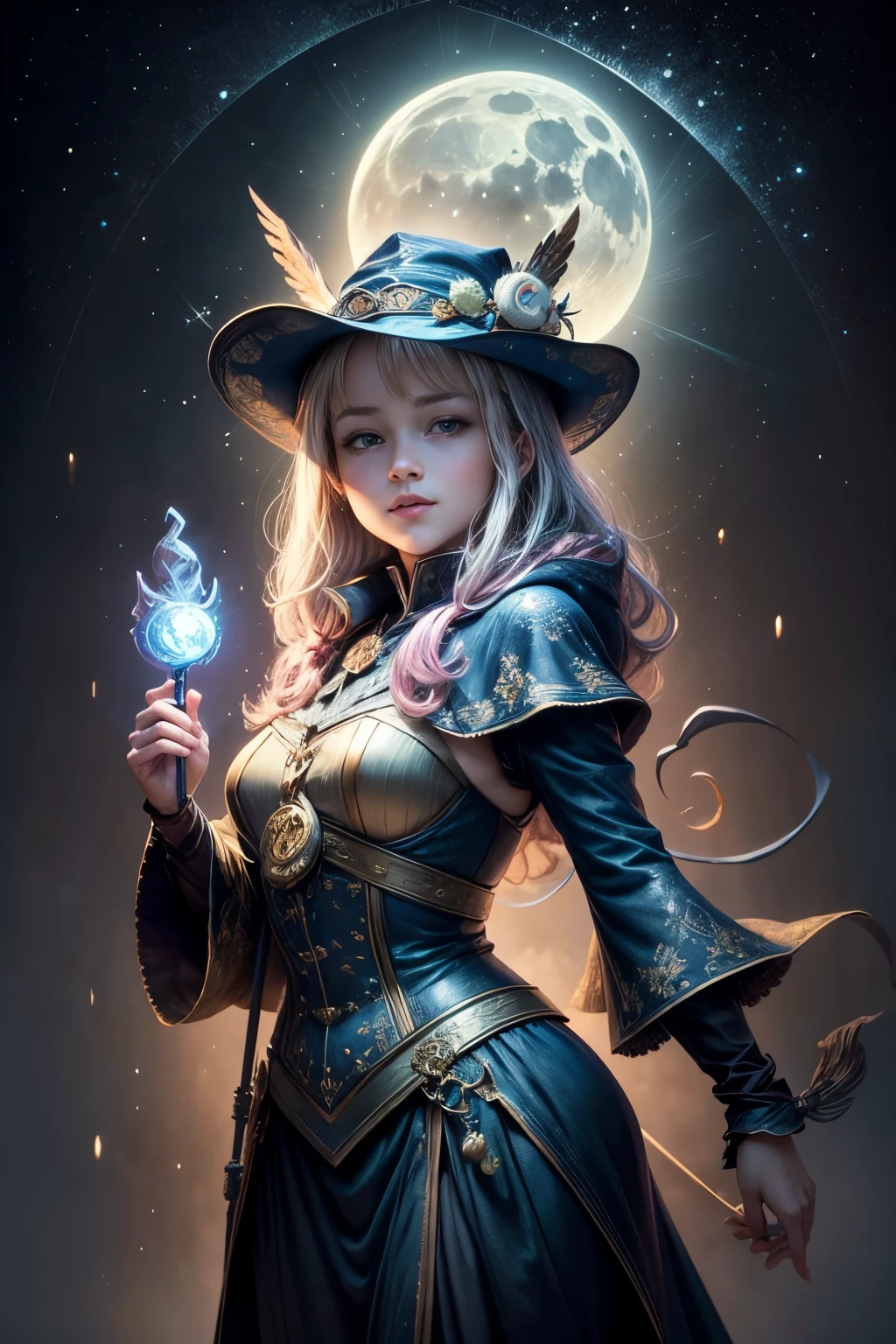 （Tarot Cards：1.5，Rotational symmetry），(masterpiece),（Super detailed：1.3），Highest quality，（Sparkling:1.2），（Dream world:1.4），((Van Gogh-style owl)),（The moon is empty），Mysterious Owl from Hogwarts School of Witchcraft and Wizardry，Wearing a wizard's robe，Wear a pointed hat，Teaching with a cane，Full of magic and aura，Chubby cute，Pink Background，Fresh flowers，vase，Dreams are magical，Open your mouth，smile，night，Sky Sky，full moon，not human，Great magic style, Other decorations, Fantasy World, Cute cartoon design style, POP MART, Clay Materials，Vivid colors，Bright，1.4x Realism，Hyper HD，Reflected in this beautiful scene，（Very detailed，Streamlined Design，Clear lines，High Sharpness，masterpiece，Official Art，Cinematic lighting effects，8k）