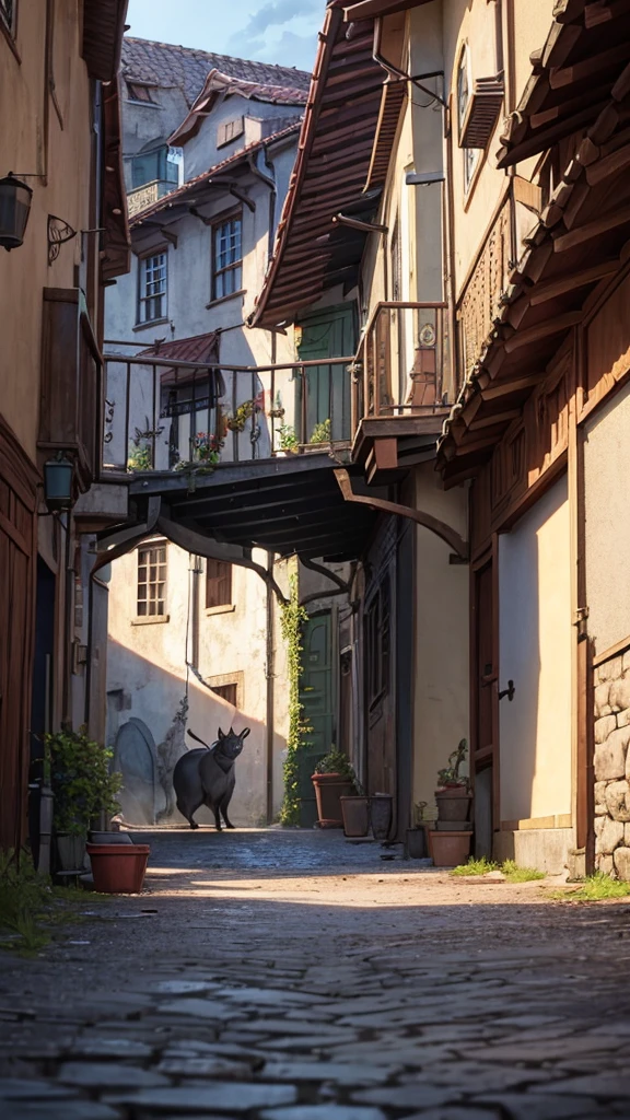 In cinematic 3d cartoon style Image description: Show the rat in a village environment. Its face is scared, and it looks around as if it is afraid of some danger. Show shadows of some big animals in the surrounding environment.