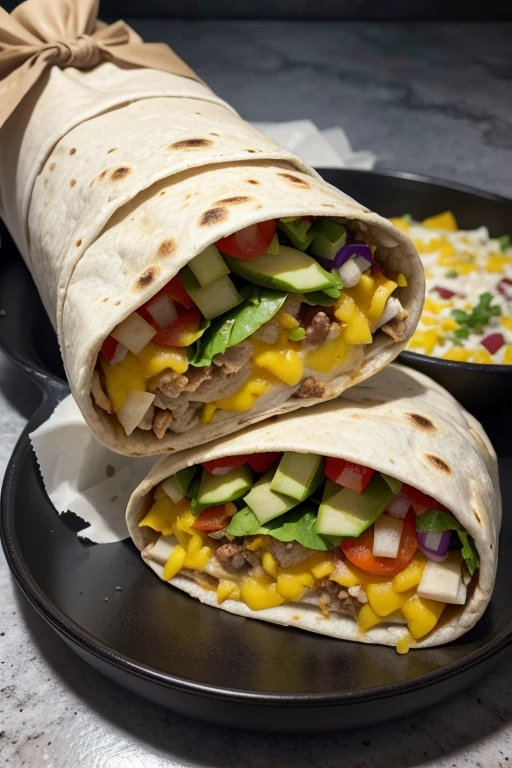 Create an image of ready-made burritos, whole and cut in half, showing the filling