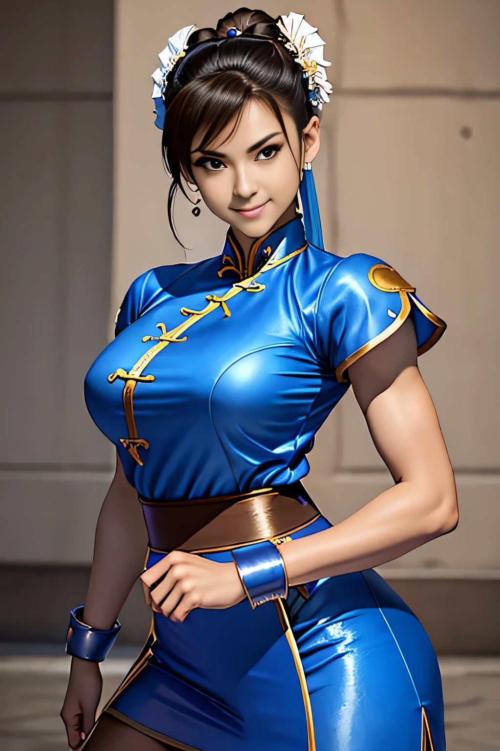 《Street Fight II》ChunLi,Perfect ChunLi Costume,Blue and gold cheongsam,Bunhead,Good cover,Combat Stance,High kick,kick、Please put your feet up,masterpiece、1 beautiful girl、Beautiful Eyes、Puffy eyes、Highest quality, 超High resolution, (reality: 1.4), Light、so beautiful、Beautiful Skin、Turn your body forward、(Hyper-Reality)、(High resolution)、(8k)、(Very detailed)、(Beautiful Eyes)、(Very detailed)、 (wall-)、Delicate face、Bright Light Line、Professional Lighting、Looking at the audience、direct view、Tilted stone sculpture, Highest quality, masterpiece, Highest quality, Perfect Face, Perfect brown eyes with white sclera, Bad Move - 5, , 1 girl, Upper Body, Brown Hair, From SF2, Chinese Language Services, smile, Muscular Woman, Blue clothes, pantyhose, Pelvic Curtain, Short sleeve, Good cover, sash, evaluate,Kick it up.