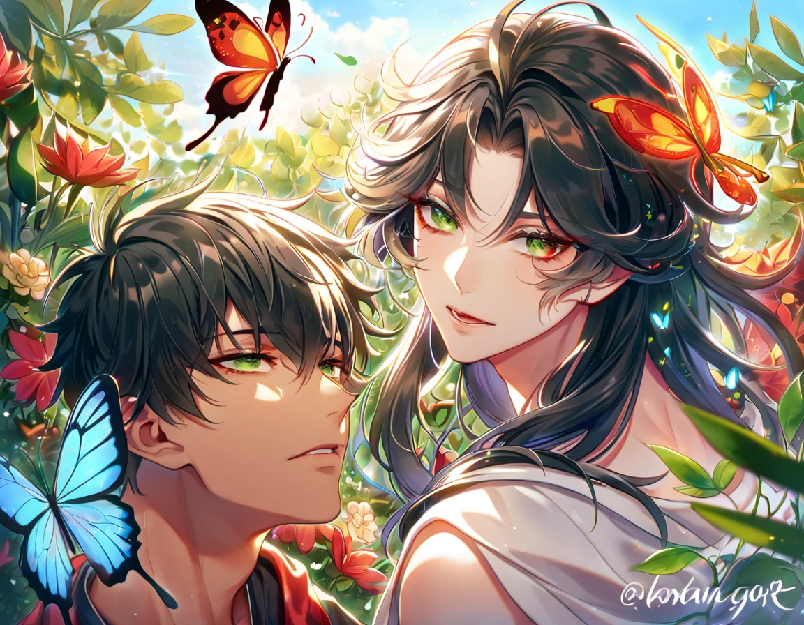 absurdres, highres, ultra detailed, HDR, master piece, best quality, extremely detailed face, delicated features, tanned skin, long black hair, messy hair, expressive red eyes, Asura & Taishakuten, blond hair, expressive green eyes, Onmyoji, two sexy men together, yaoi, gay couple, handsome, red haori, white robes, fantasy, magical, butterflies, summer, green leaves, flowers, blue sky