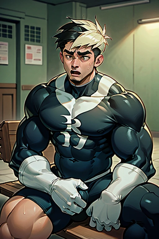 Danny Fenton in a locker room sitting on a wooden bench with brainwashed football jocks sitting on either side of him as he struggles not to be brainwashed as he is assimilated into their team. Turning into stereotypical football jock just like Dash Baxter. Black hair partially turned blonde. hyper muscles. Big biceps. Big triceps. Big traps. big lats. big deltoids. Big meaty pecs. Swollen hyper crotch bulge. Tenting crotch. Open mouth. Mindless blank stare. IQ drain. Dumber and dumber. big dumb jock. Jock assimilation. Hypnosis. Hypnotic trance. Brainwashing. Brainwashed. Hypnotized. Entranced. Jock assimilation. Jock conversion. Meathead. Musclehead. Brute. Bro. "Feeling ... kinda funny, like ... like my head is ... empty ... No thoughts, just ... just..... NO! Focus, Danny! I have to resist. Have to ... break free.... Have to ... have to..... I ... m-must.... I ... must...." Speaking in a dull monotone as he falls into trance. "I ... I am sweaty. ... I am horny. ... I am sexy. ... I am dumb.... I'm just a mindless.... I'm just an empty, ... stupid, ... strong jock...." Football uniform. Cleats. Shoulder pads. Jockstrap.
