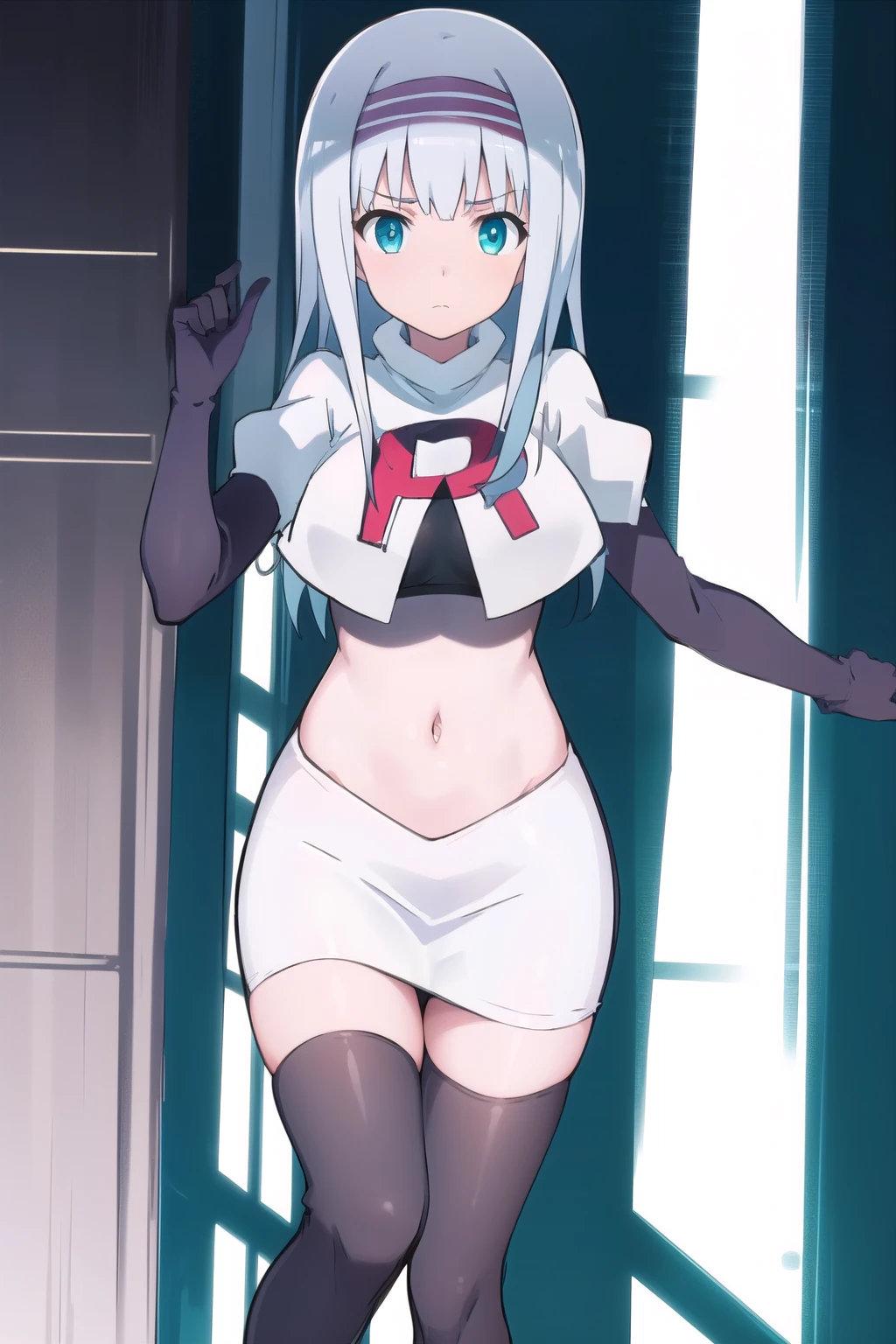 (masterpiece, best quality:1.2),illustration,8k,hd,1girl,solo,very_long_hair,large_breasts,red_eyes,white_hair,zettai_ryouiki,team rocket,team rocket uniform,white skirt,red letter R,crop top,black thigh-highs,black elbow gloves