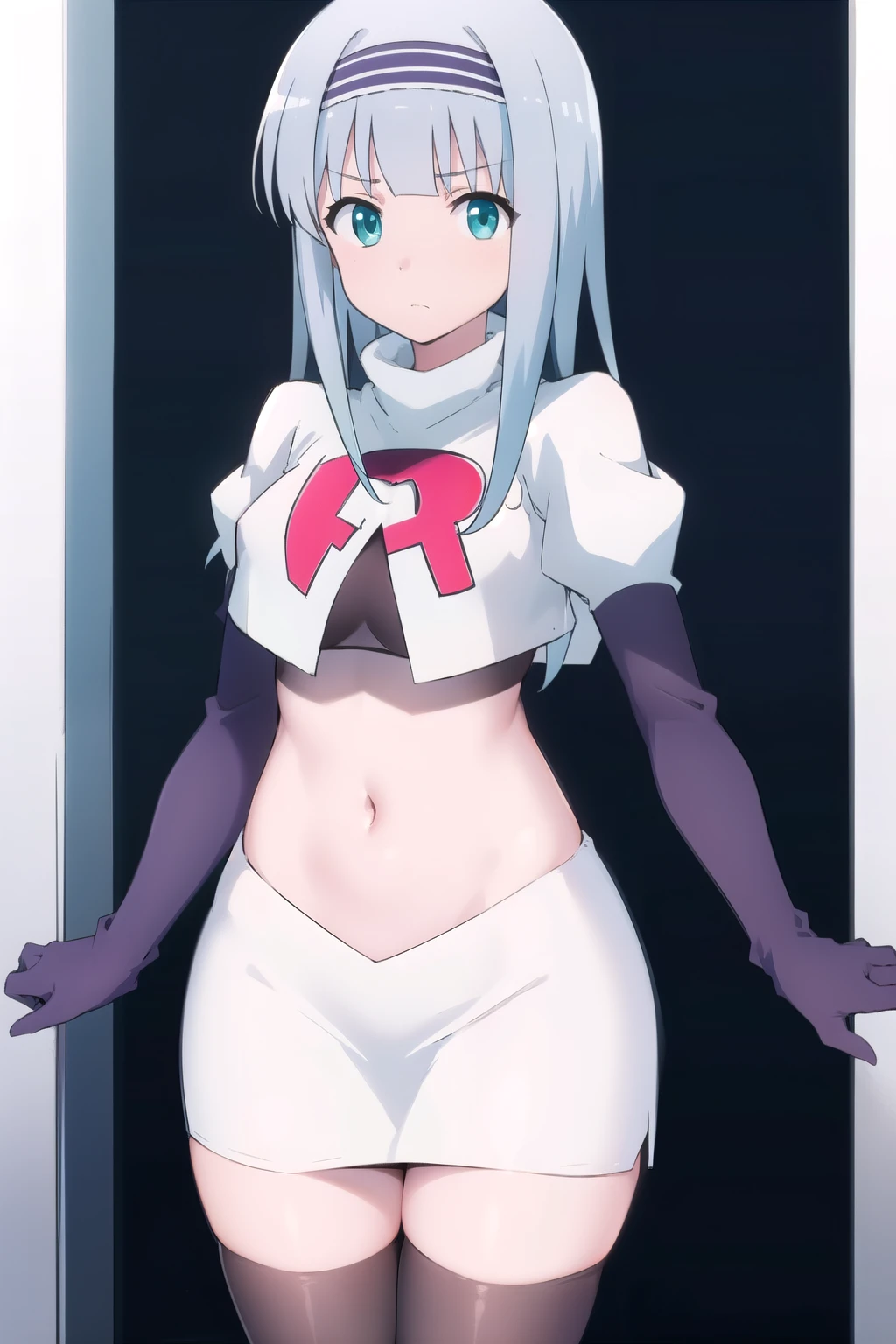 solo, 1girl, looking at viewer, 2D, anime, anime coloring, (simple background, solid white background:1.3),  linze silhoueska, team rocket,team rocket uniform,white skirt,red letter R,crop top,black thigh-highs,black elbow gloves