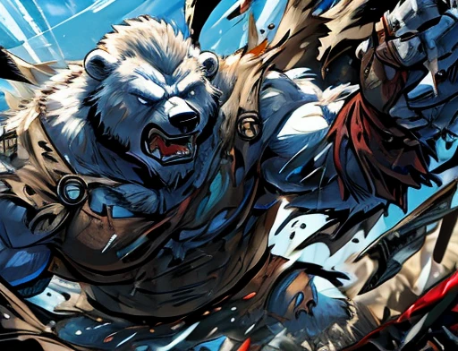 A frontal image of the moment of a polar bear attack on Expectador . The polar bear attacks the spectator with his binges, the bear is furious . Animal rage rage . He wears a very torn and torn leather blanket as primitive clothing.. He attacks , dynamic angle.