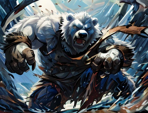 A frontal image of the moment of a polar bear attack on Expectador . The polar bear attacks the spectator with his binges, the bear is furious . Animal rage rage . He wears a very torn and torn leather blanket as primitive clothing.. He attacks , dynamic angle.