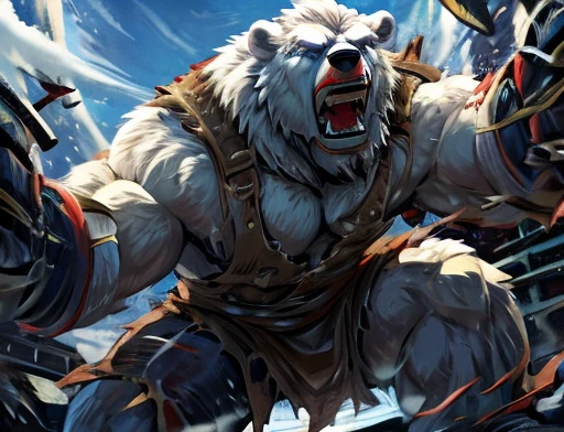 A frontal image of the moment of a polar bear attack on Expectador . The polar bear attacks the spectator with his binges, the bear is furious . Animal rage rage . He wears a very torn and torn leather blanket as primitive clothing.. He attacks , dynamic angle.