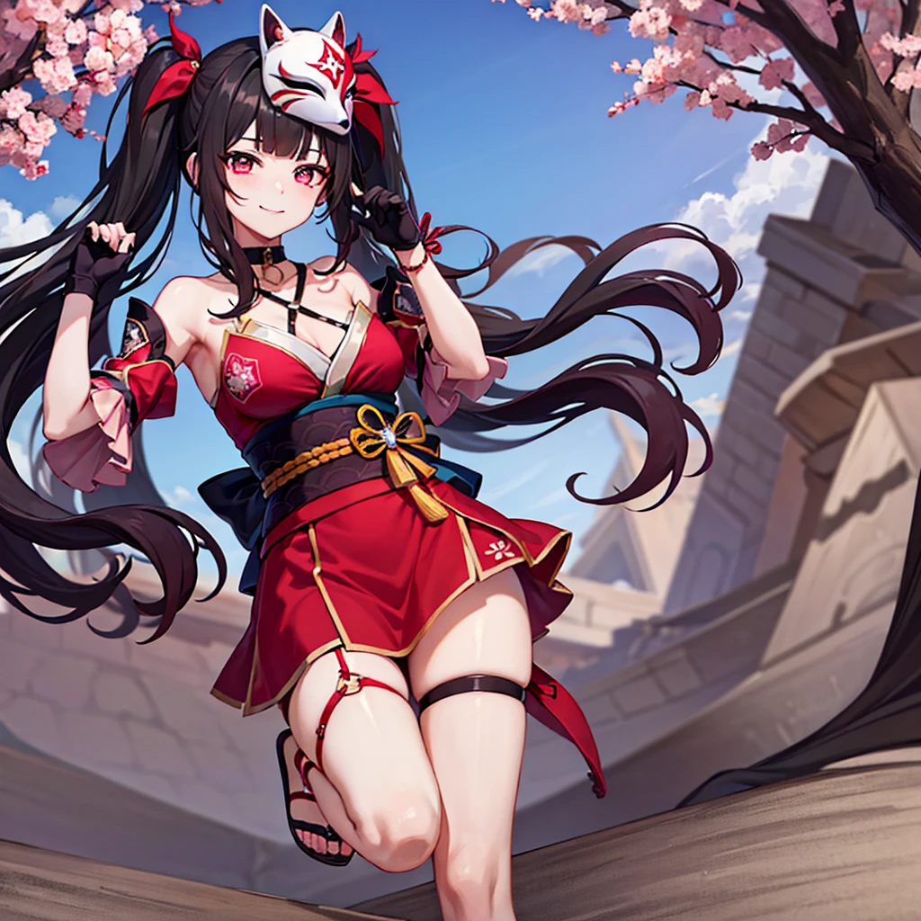 McDate_with_2D_Waifu, smile, looking at viewer, ((masterpiece,best quality)), twintails, hair ornament, off shoulder kimono, mask on head, detached sleeves, choker, obi, single glove, cross-laced sandals, wristband, criss-cross halter, thigh strap