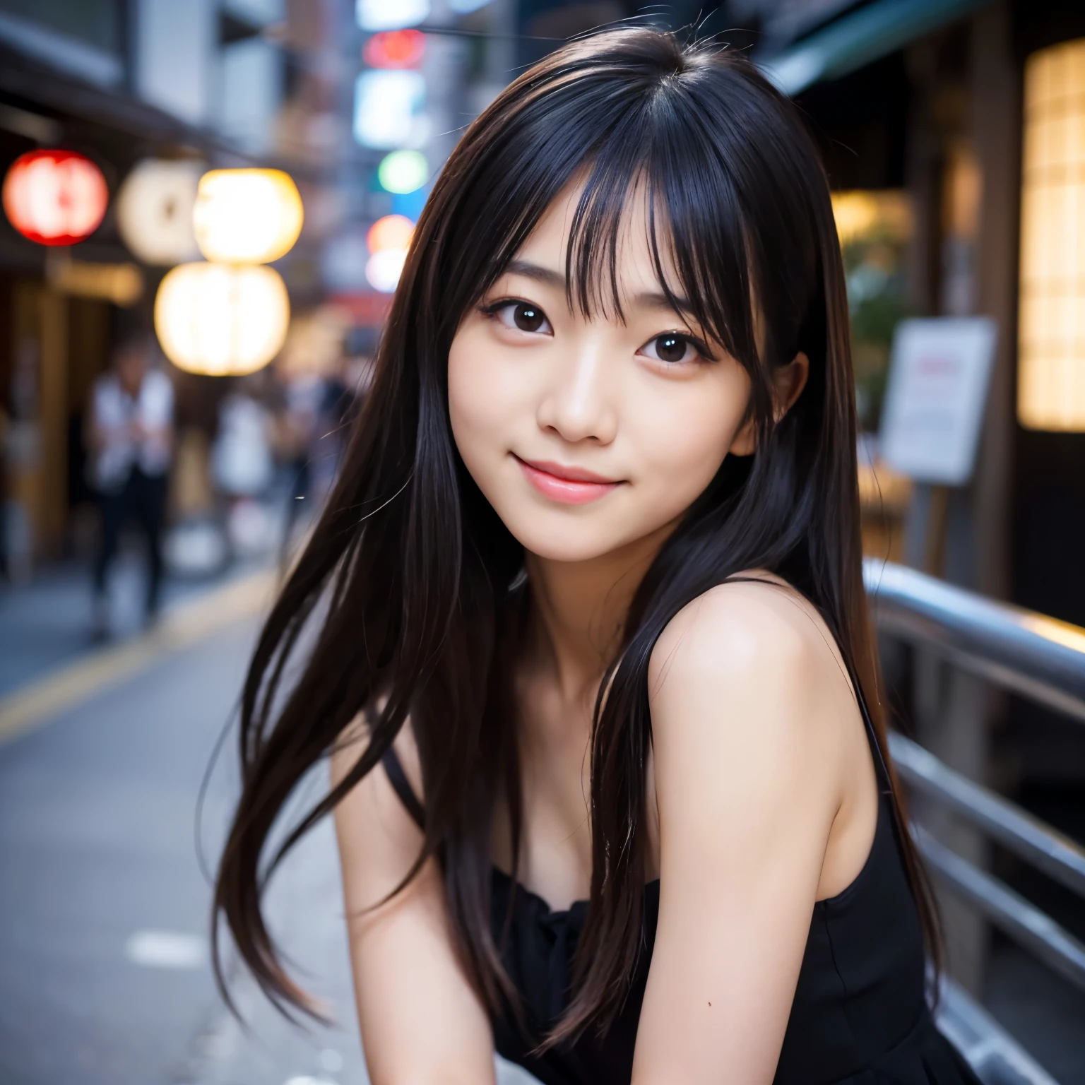(Best-quality, Masterpiece, Ultra-High-Resolution, (Photorealistic:1.7), Raw Photo, depth of field, professional lighting, perfect anatomy, extremely details), face-focus, 1girl, 15-years-old, the most famous Japanese idol, ((looking at viewer, innocent smile)), (((extremely beautiful and extremely realistic skins))), (((extremely realistic big black-eyes):1.3)), ((extremely cute face like the most popular Japanese idol):1.3), (long-eyelashes), (black long-hair), (glossy lips)