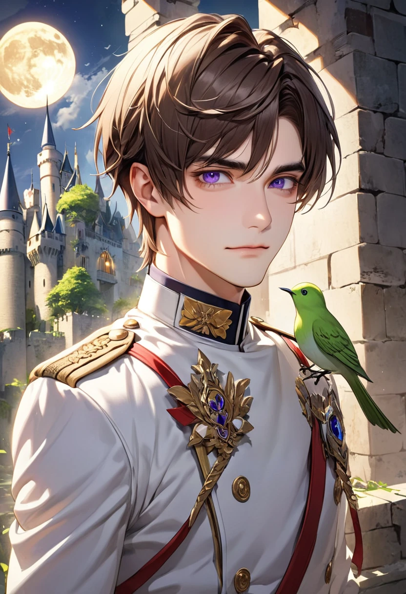 1 male　Brown hair and eyebrows　Long Bangs　 Purple Eyes　White military uniform　full moon　Inside the castle　A thin green bird