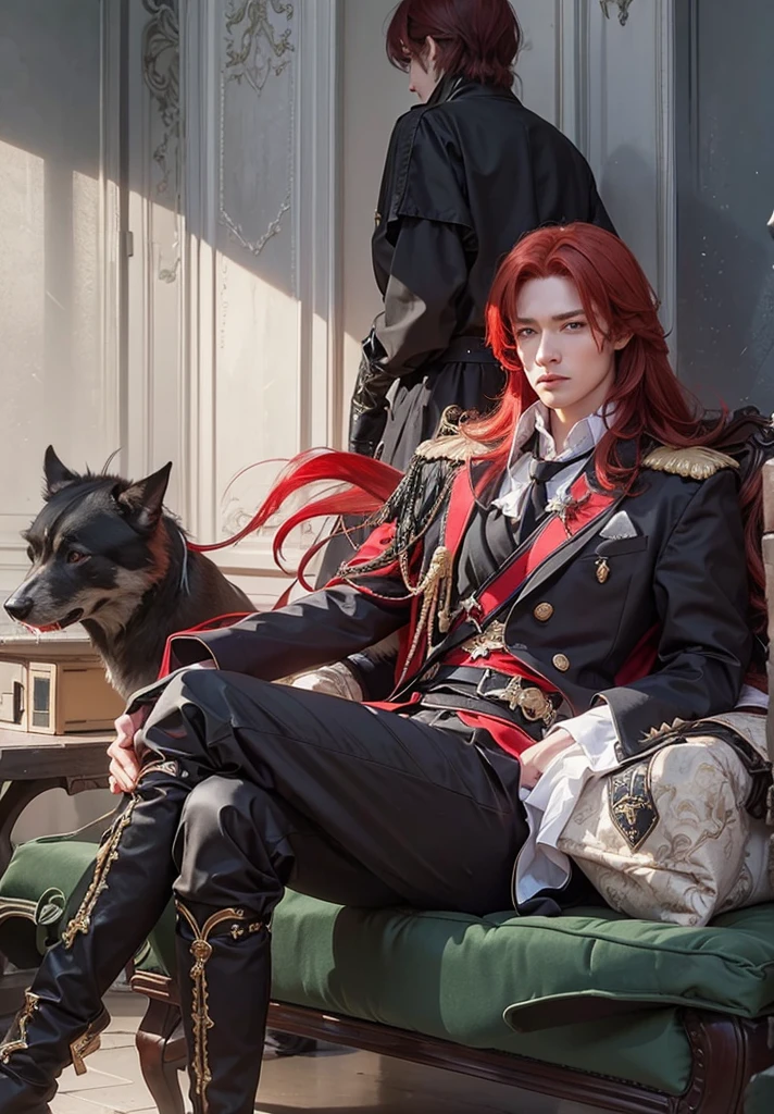 a guy with red hair, wearing black royal clothes