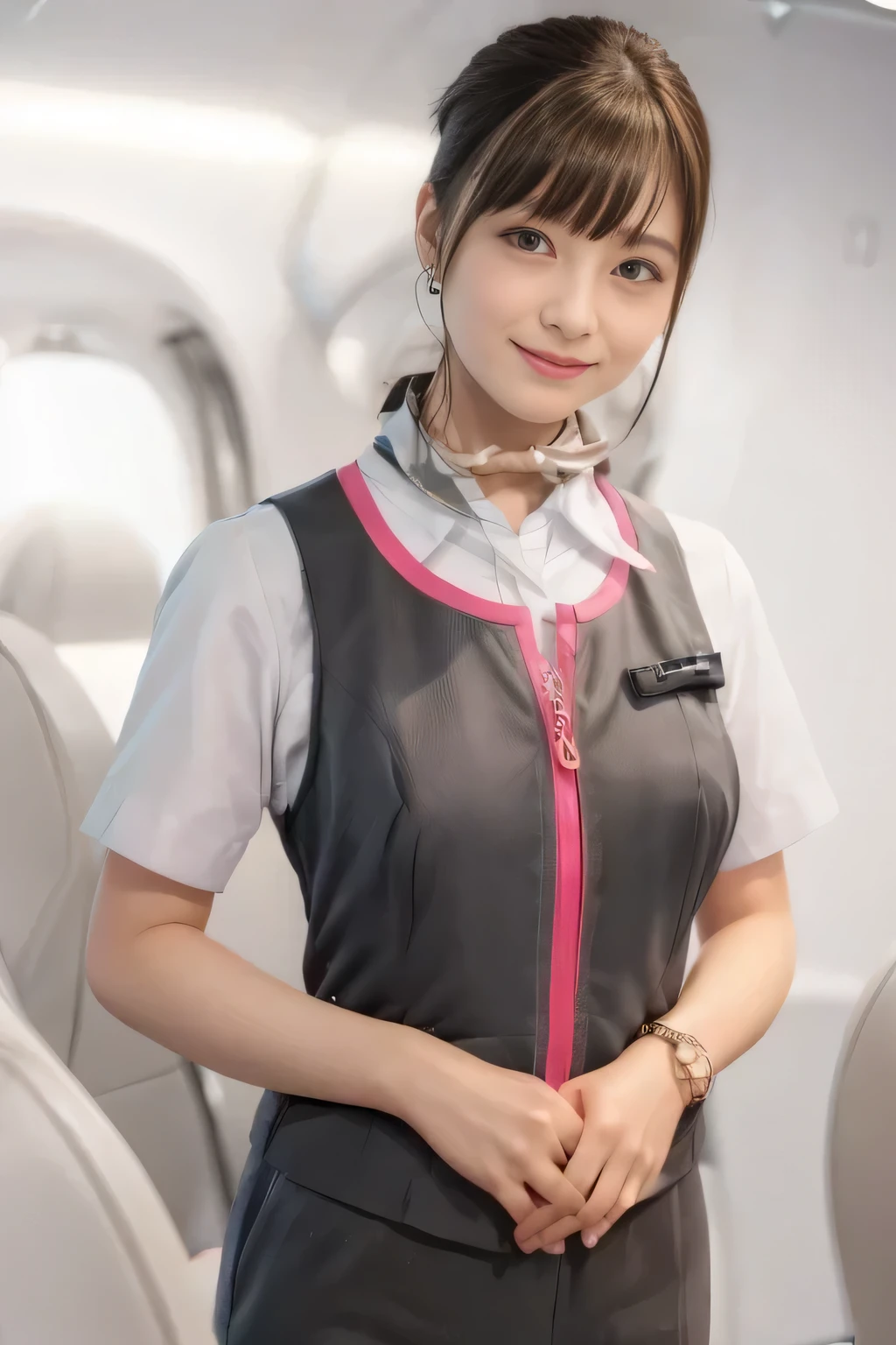 (masterpiece:1.2, Highest quality:1.2), 32k HDR, High resolution, (alone、1 girl)、(On the roof of a building、Professional Lighting)、daytime background、(Realistic style of JR Gran Class crew uniform)、Short sleeve blouse、a scarf around the neck、(JR Gran Class flight attendant uniform with pink parts on the skirt sleeves)、(The uniform of the flight attendants of JR Gran Class has a pink line on the front zipper of the vest.)、There are no pink lines on the uniform skirts of flight attendants in JR Gran Class、Dark brown hair、(Hair tied up、Chignon)、Dark brown hair、Long Shot、Big Breasts、((Great hands:2.0)),((Harmonious body proportions:1.5)),((Normal limbs:2.0)),((Normal finger:2.0)),((Delicate eyes:2.0)),((Normal eyes:2.0)))、Luxury earrings、smile、Beautiful standing posture,
