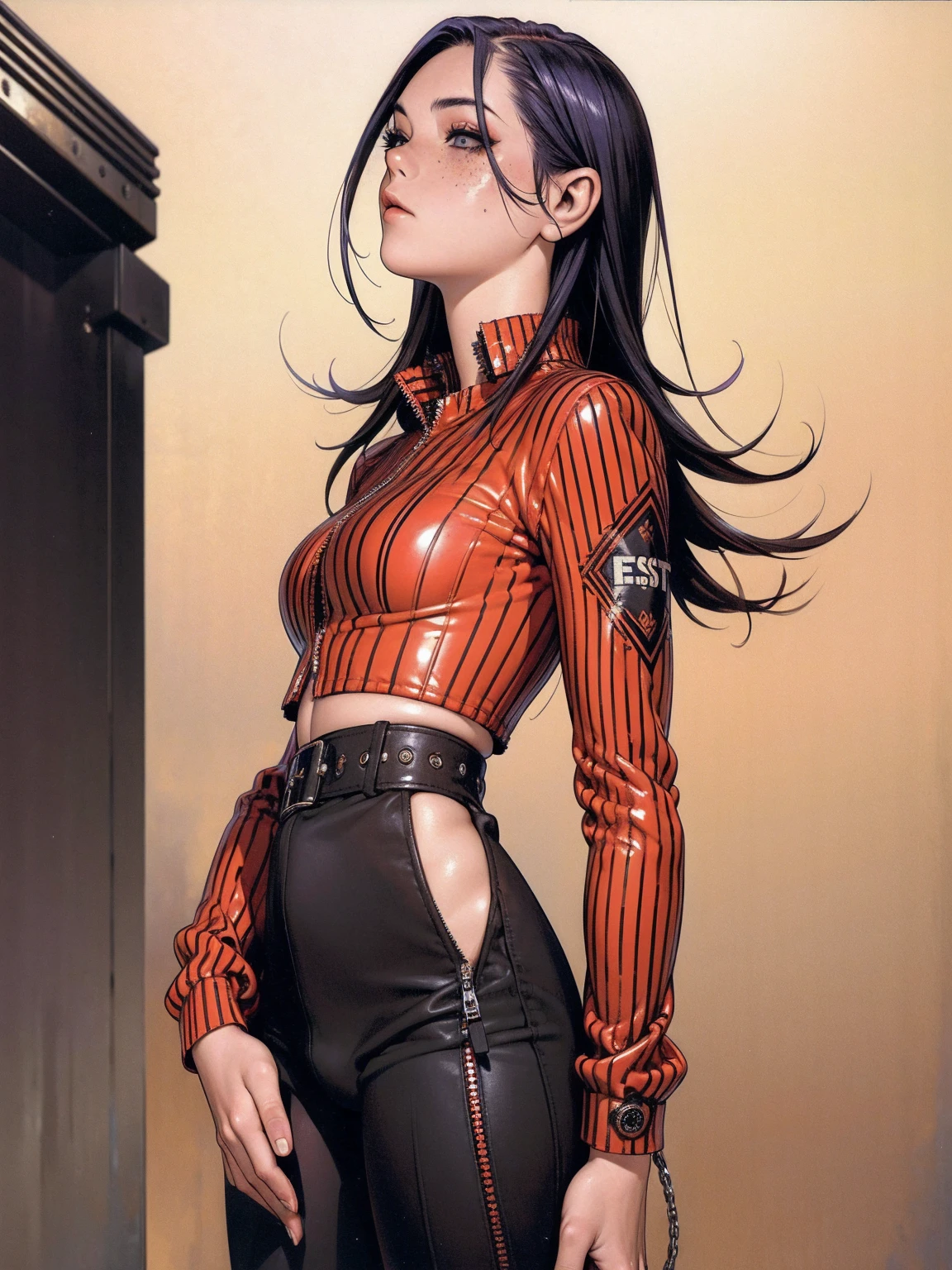 (best qualityer))), (((manga strokes))), (((black bob hair with straight bangs and red highlights))), (((baggy pants with bone print))), uma Kizi jovem muito bem vestida com roupas modernas de inverno, pants with military camouflage pattern, top gift vertical stripes, short jacket with dark fur collar, beautiful and expressive face, slightly-smile, big eyes with long black eyelashes, heavy make-up, chains and zippers spread across clothes, contrasting colours, pose de atitude, hair with a modern and futuristic cut, urban game poster art, dramatic camera angles, graffiti art elements in the background, design mixing contemporary and retro by Shepard Fairey, (((cowboy shot))), (((best qualityer: 1.4))), (Unbeatable masterpiece), (hiper HD),(CG 8k hyper-realistic), Kizi, (((standing alone))), pirralha violent, (((14歳))), sexly, pose de atitude, work of art, post-apocalypse, (((manga style))), bounty hunter, violent, Manic, the way you want, slenderbody, thin but strong, perfectbody, roupa moderna, advanced technology, neon, sleeves with vertical striped pattern, neutral background, (( cowboy shot )). intricate visual