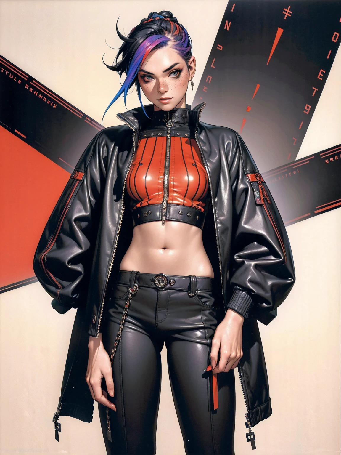 (((best qualityer))), (((manga strokes))), (((freckles))), (((colorful irregular punk hair))), (((Mohawk hair))), jacket with rivets and screws, uma Kizi jovem muito bem vestida com roupas modernas de inverno, (((pants with red and black zig-zag pattern))), top with vertical stripes, short jacket with dark fur collar, beautiful and expressive face, slightly-smile, big eyes with long black eyelashes, heavy make-up, chains and zippers spread across clothes, contrasting colours, pose de atitude, hair with a modern and futuristic cut, urban game poster art, dramatic camera angles, graffiti art elements in the background, design mixing contemporary and retro by Shepard Fairey, (((cowboy shot))), (((best qualityer: 1.4))), (Unbeatable masterpiece), (hiper HD),(CG 8k hyper-realistic), Kizi, (((standing alone))), pirralha violent, ((())), sexly, pose de atitude, work of art, post-apocalypse, (((manga style))), bounty hunter, violent, Manic, the way you want, slenderbody, thin but strong, perfectbody, roupa moderna, advanced technology, neon, sleeves with vertical striped pattern, neutral background, (( cowboy shot )). intricate visual