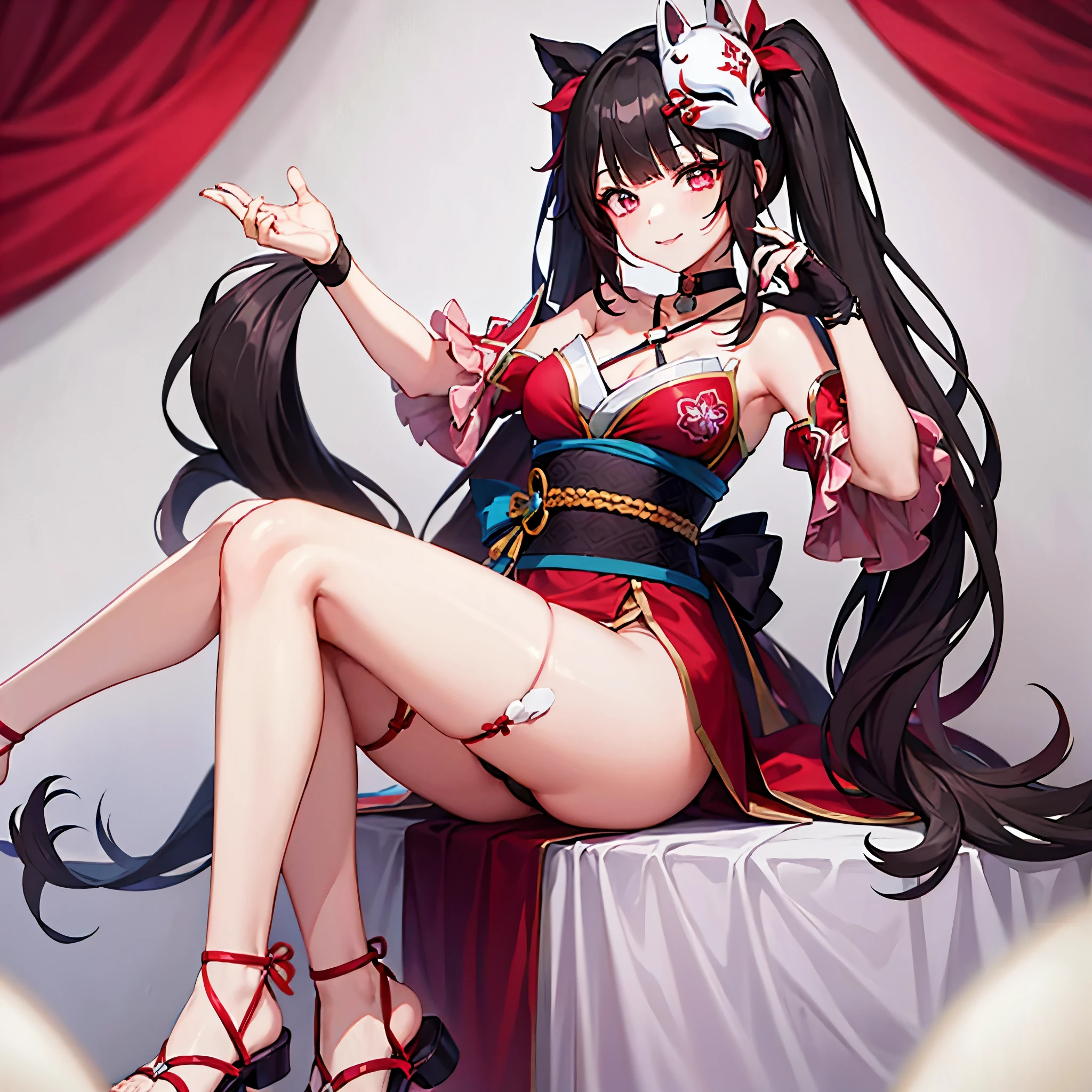 McDate_with_2D_Waifu, smile, looking at viewer, ((masterpiece,best quality)), twintails, hair ornament, off shoulder kimono, mask on head, detached sleeves, choker, obi, single glove, cross-laced sandals, wristband, criss-cross halter, thigh strap