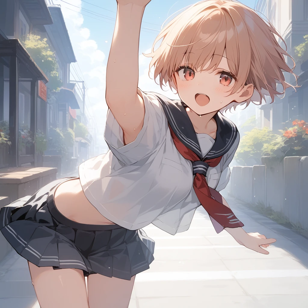 score_9, score_8_up, score_7_up, source_anime, best quality, masterpiece, official art, absurdres, highres, ultra-detailed,waifu2x,Collection: Slice of Life,break,1girl, tomboy, very short hair, pixie cut, breasts, beautiful detailed eyes, school_uniform, beautiful detailed eyes, skirt, gym shorts, sweat, open mouth, (yawn:0.3), sleepily, outdoors, wind,break,(clear line illustration:1.2), super detailed skin,very high resolution, very aesthetic, Best sexual lighting powered by famous artist, 8k,cute picture,beauty illustration,photoshop_(medium),,(Detailed Lighting),best anime 8k konachan wallpaper, pixiv contest winner, 