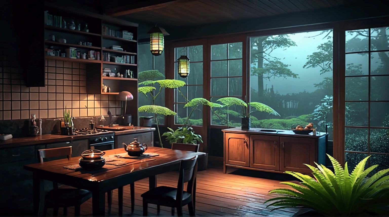 Bedroom view with fire in the fireplace in the room, large windows overlooking the forest, quiet night. original image, rainy day. original rendering, rainy night, gloomy cinematic lighting, atmosphere. digital painting, moody cartoon scenes, dramatic lighting. cinematic, cinematic,concept art, atmospheric shots, gloomy weather. hyperrealistic, atmospheric rendering, rainy night, huge forest, cinematic, 4k, ultra hd,atmospheric and gritty details, beautiful and cinematic lighting, rainforest