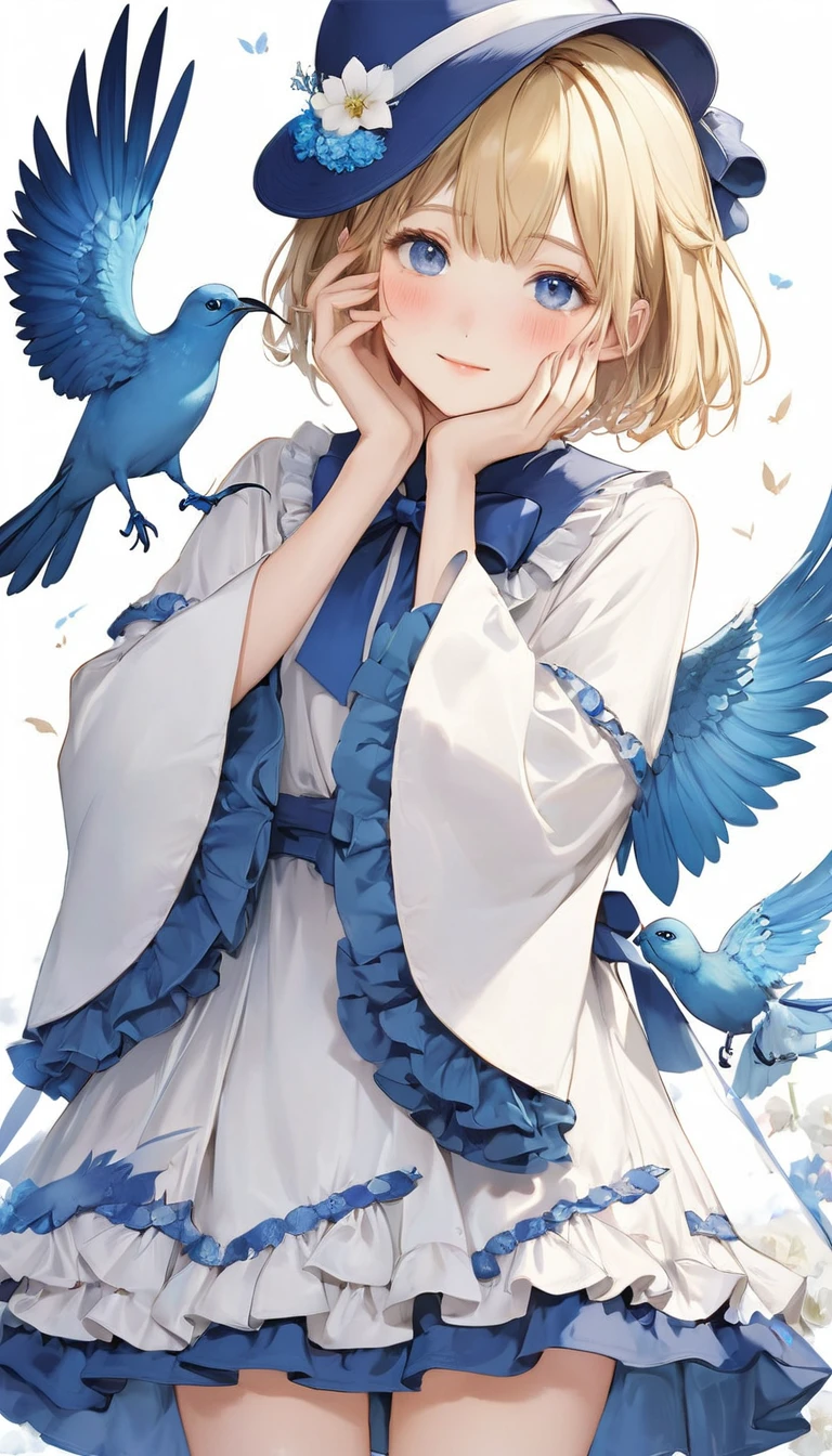 (masterpiece, Highest quality:1.2), One Girl, alone,Bony body、15 years old、detailed face, cute face, Uekura, One girl, Blonde Hair, White Background, Have, dress, Blue footwear, wing, Simple Background, sign, flower, Manicure, Wide sleeves, Long sleeve, blush, animal, white flower, alone, whole body, bird, View Viewer, High heels, Put your hand on your cheek, put your hand on your face, Frills, bow, bangs, ribbon, Bell, Blue hat, +_+, shoes, short hair, Grey Eyes, shoes, Blue Claws, feathered wing, blue bow

