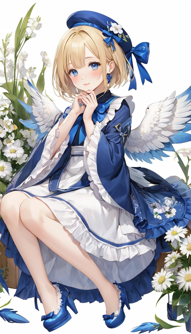 (masterpiece, Highest quality:1.2), One Girl, alone,Bony body、15 years old、detailed face, cute face, Uekura, One girl, Blonde Hair, White Background, Have, dress, Blue footwear, wing, Simple Background, sign, flower, Manicure, Wide sleeves, Long sleeve, blush, animal, white flower, alone, whole body, bird, View Viewer, High heels, Put your hand on your cheek, put your hand on your face, Frills, bow, bangs, ribbon, Bell, Blue hat, +_+, shoes, short hair, Grey Eyes, shoes, Blue Claws, feathered wing, blue bow
