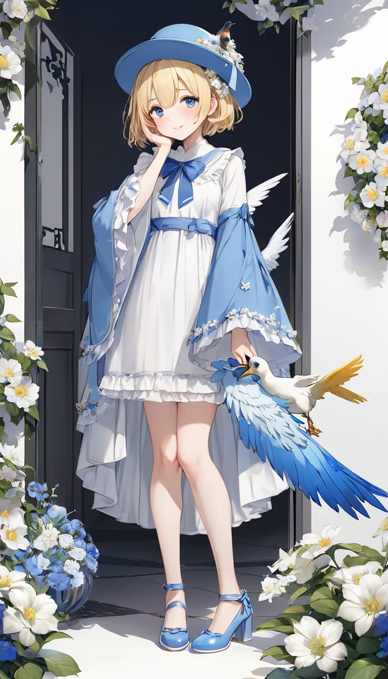 (masterpiece, Highest quality:1.2), One Girl, alone,Bony body、15 years old、detailed face, cute face, Uekura, One girl, Blonde Hair, White Background, Have, dress, Blue footwear, wing, Simple Background, sign, flower, Manicure, Wide sleeves, Long sleeve, blush, animal, white flower, alone, whole body, bird, View Viewer, High heels, Put your hand on your cheek, put your hand on your face, Frills, bow, bangs, ribbon, Bell, Blue hat, +_+, shoes, short hair, Grey Eyes, shoes, Blue Claws, feathered wing, blue bow