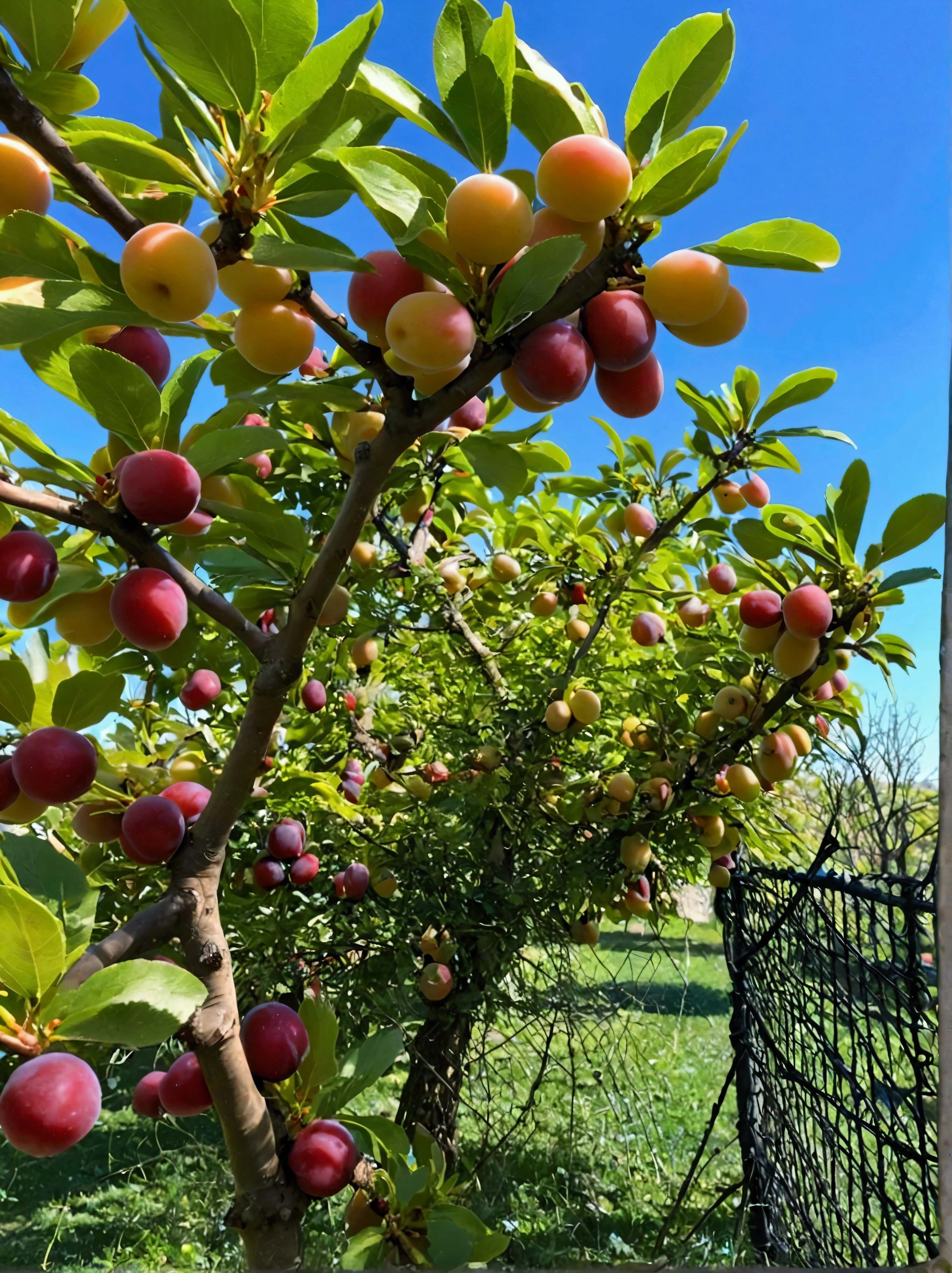 The plum tree is full of red plums，Much，Close shot，close up，Background is grass，Real photography，Real and natural，best quality, high resolution，masterpiece，High Detail
