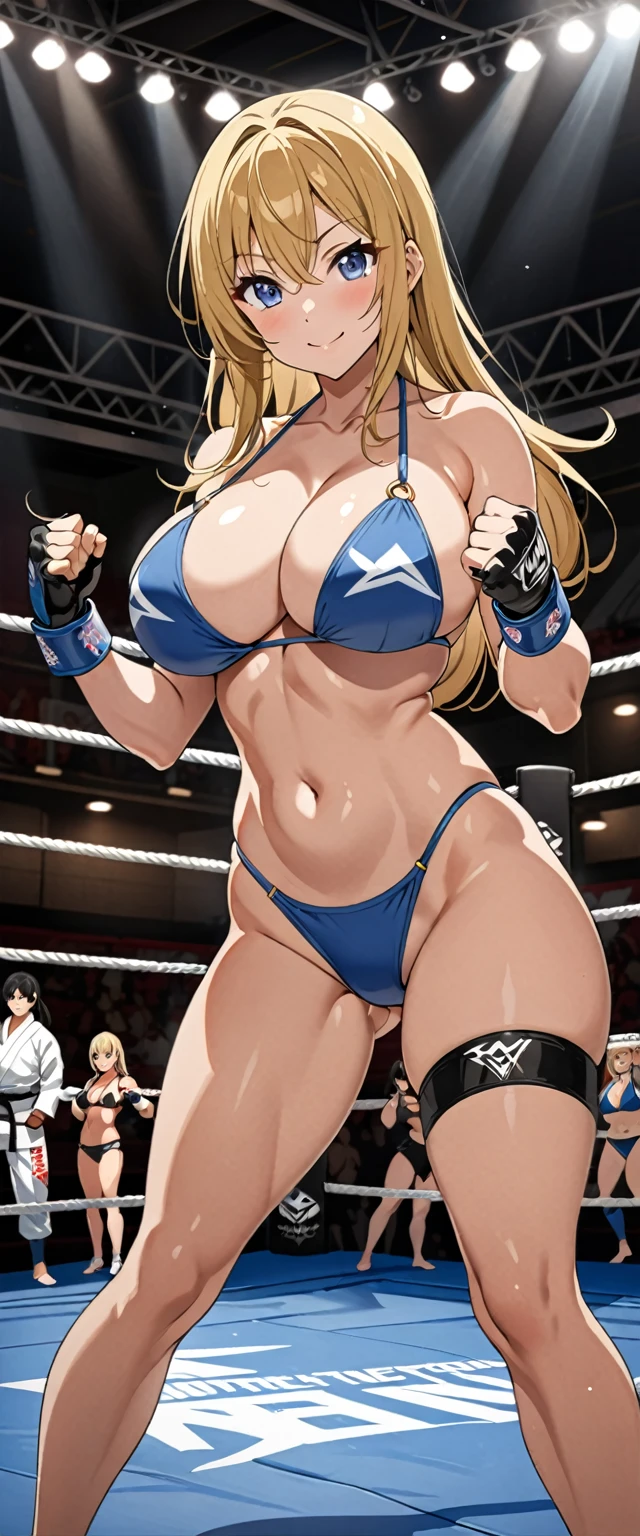 ((masterpiece)), ((high quality)), ((super detailed)), ((high resolution)) ,((8k)), a beautiful woman, ((She is one of the most famous female Gravure actress in the world)), ((unparalleled beauty)), ((huge breast)), ((large ass)), ((deep cleavage)), slim waist, chest out, ultra detailed face, perfect skin, (((Blonde straight golden hair))), blue eyes, detailed eyes, whole body image, (((anime))), ((glamorous)), ((((26 years old)))), ((incredibly beautiful woman)), ((The I cup bust)), ((((sling bikini ring wear)))), ((beautiful breasts)), beautiful legs, 8 life size, anime, the most beautiful and strongest, ((charm)), ((Half Japanese and half British)), ((Grown-up face)), ((Open Finger Glove, Five fingers)), (((Women's mixed martial arts, A fighting arena))), ((Bewitching)), ((A heroine of the women's professional wrestling world)), ((Gravure pose, Smile)),