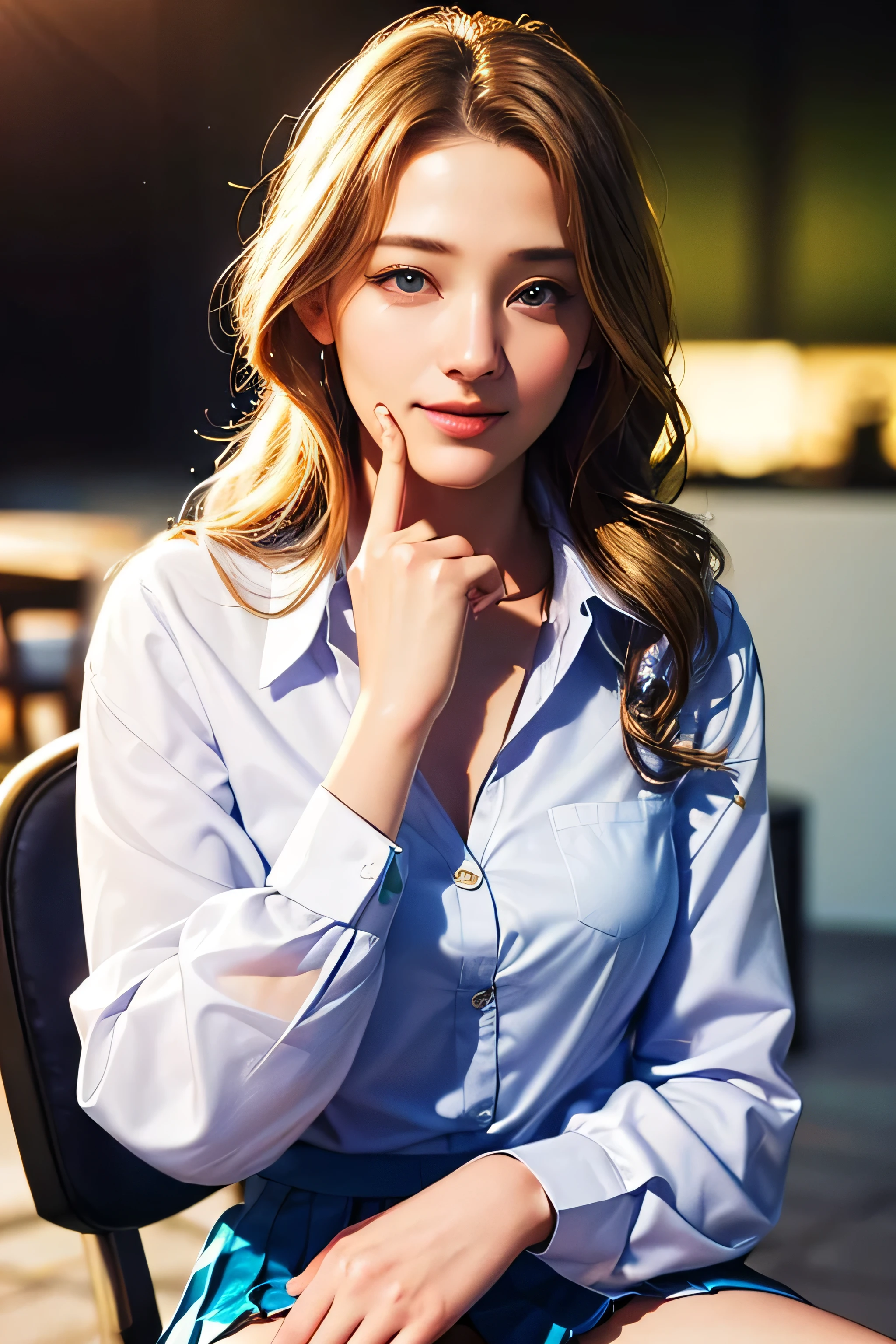 { One girl and one guy, (Sex from before:1.4) },{ (masterpiece:1.6), (Highest quality:2.1), (Photorealistic:2.1), (8k resolution:1.6) }, { Shallow depth of field, (sunlight:1.2), (reflective front lighting:1) }, { Beautiful 24 years old, blue eyes,(Shy expression:1.3), (Laughter:1.2), (Eyes widened:1), ((Glowing Skin)), Slender body, Large and firm breasts, ((blonde)) Long Wavy Hair }, { (((translucent))) , Deep valley, Golden Cross Necklace, ((white long sleeve button up blouse_br heelsown pleated mini skirt:1.4))、((Super long blondehair,Hair with loose waves inside、reaching down to the waist:1.3))、full figure supermodel standing, entire body in frame、gold necklace_Large earrings、((Place your left hand gently on your chin:1.3)) ((On the open terrace of the cafe, blurred background、sitting on a chair:1.3)),