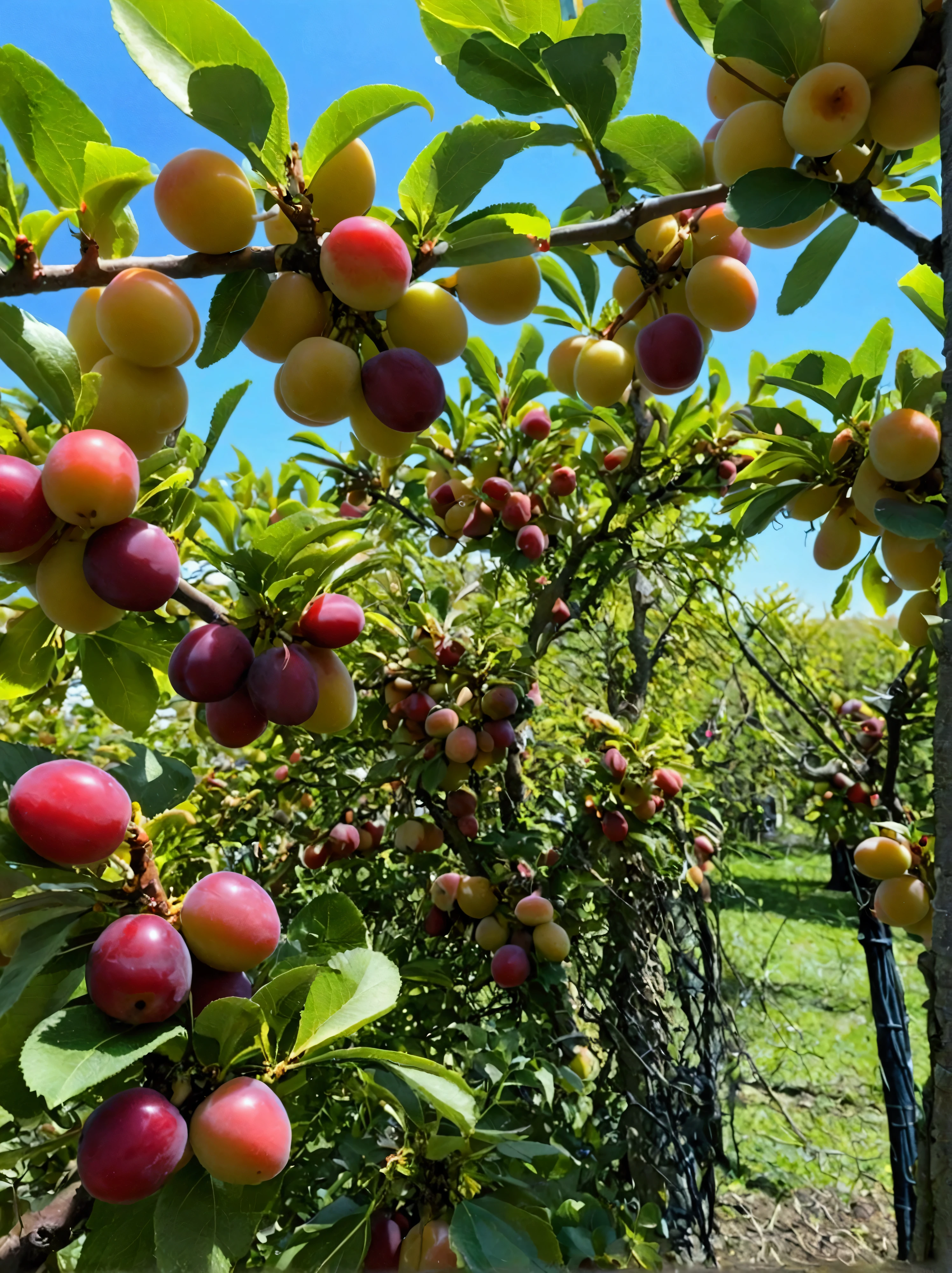The plum tree is full of red plums,Close shot,close up,Real photography,Real and natural,best quality, high resolution,masterpiece,High Detail