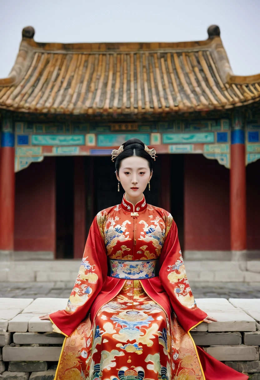 A woman seen from the front, sitting facing forward with her legs apart. Empress of the Qing Dynasty, Chinese imperial court. The Chinese empress is wearing a crown and a red Manchu dress with a floral pattern, open at the front, exposing her chest, lower abdomen, thighs and feet.。She is wearing no underwear, and her large are exposed, right down to her bare stomach. Her hair is tied uplled up, and the background is the stone pavement of the Chinese palace of the Qing Dynasty.
