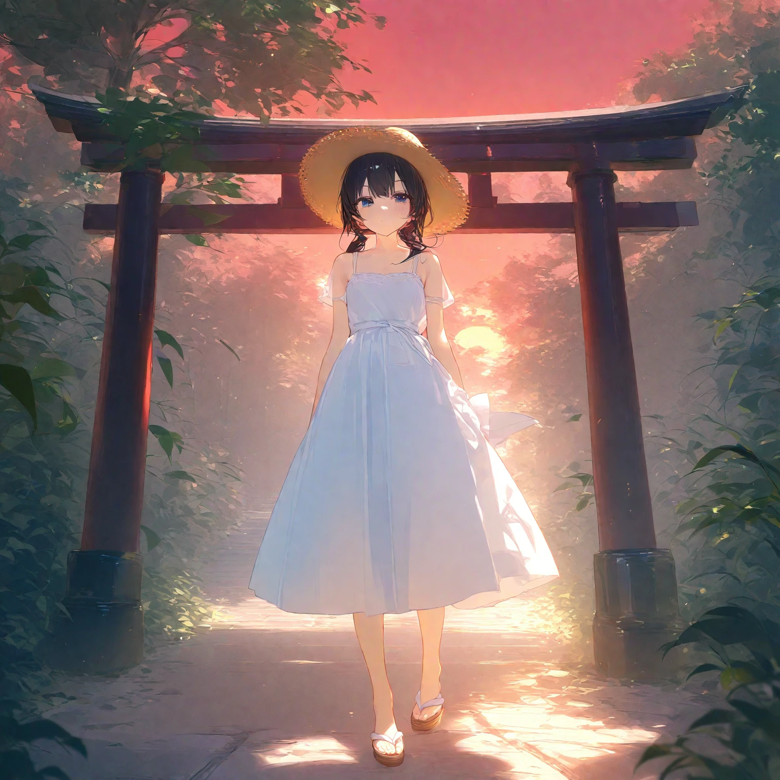 score_9, score_8_up, score_7_up, score_6_up, score_5_up, score_4_up, masterpiece, best quality, source_anime,2D、flat、1girl, black hair,long hair、hair is frizzy　straw hat、****、white dress、red sky、 japanese forest、turn around、Torii, summer、backlighting、shadow、upskirt、dusk、deep shadows:1.2