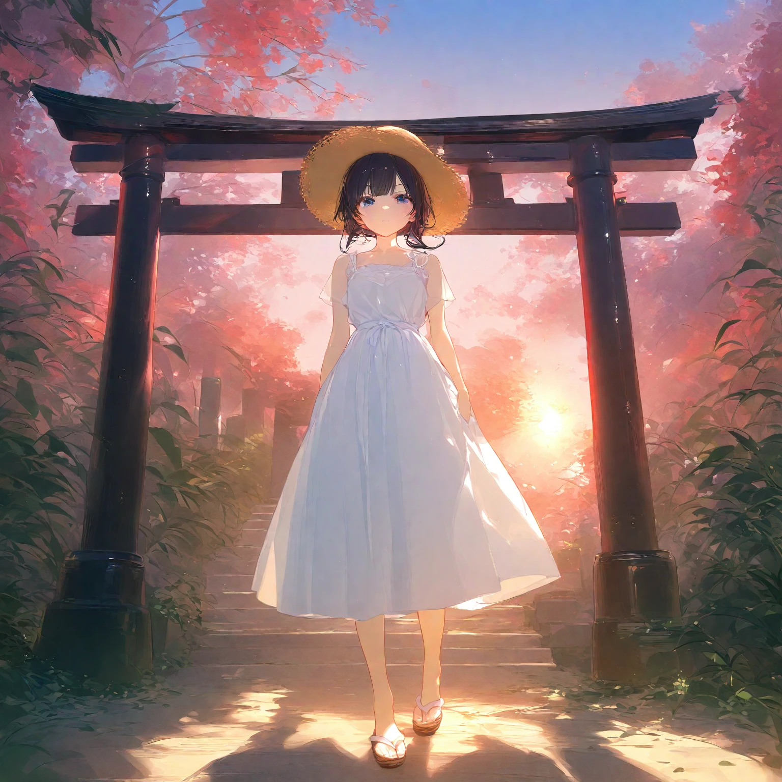 score_9, score_8_up, score_7_up, score_6_up, score_5_up, score_4_up, masterpiece, best quality, source_anime,2D、flat、1girl, black hair,long hair、hair is frizzy　straw hat、****、white dress、red sky、 japanese forest、turn around、Torii, summer、backlighting、shadow、upskirt、dusk、deep shadows:1.2