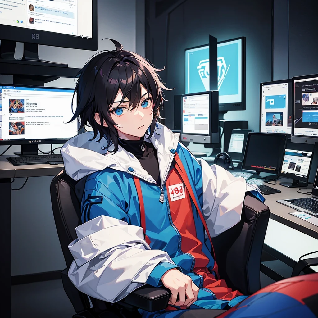 draw an avatar in anime style where a guy who looks 18 years old is sitting on a gaming chair at a computer and watching YouTube and there is something written on the chair in neon color "Fanikeers" there are machine guns on the walls and the room is lit in red and he looks at the computer To have your back to me