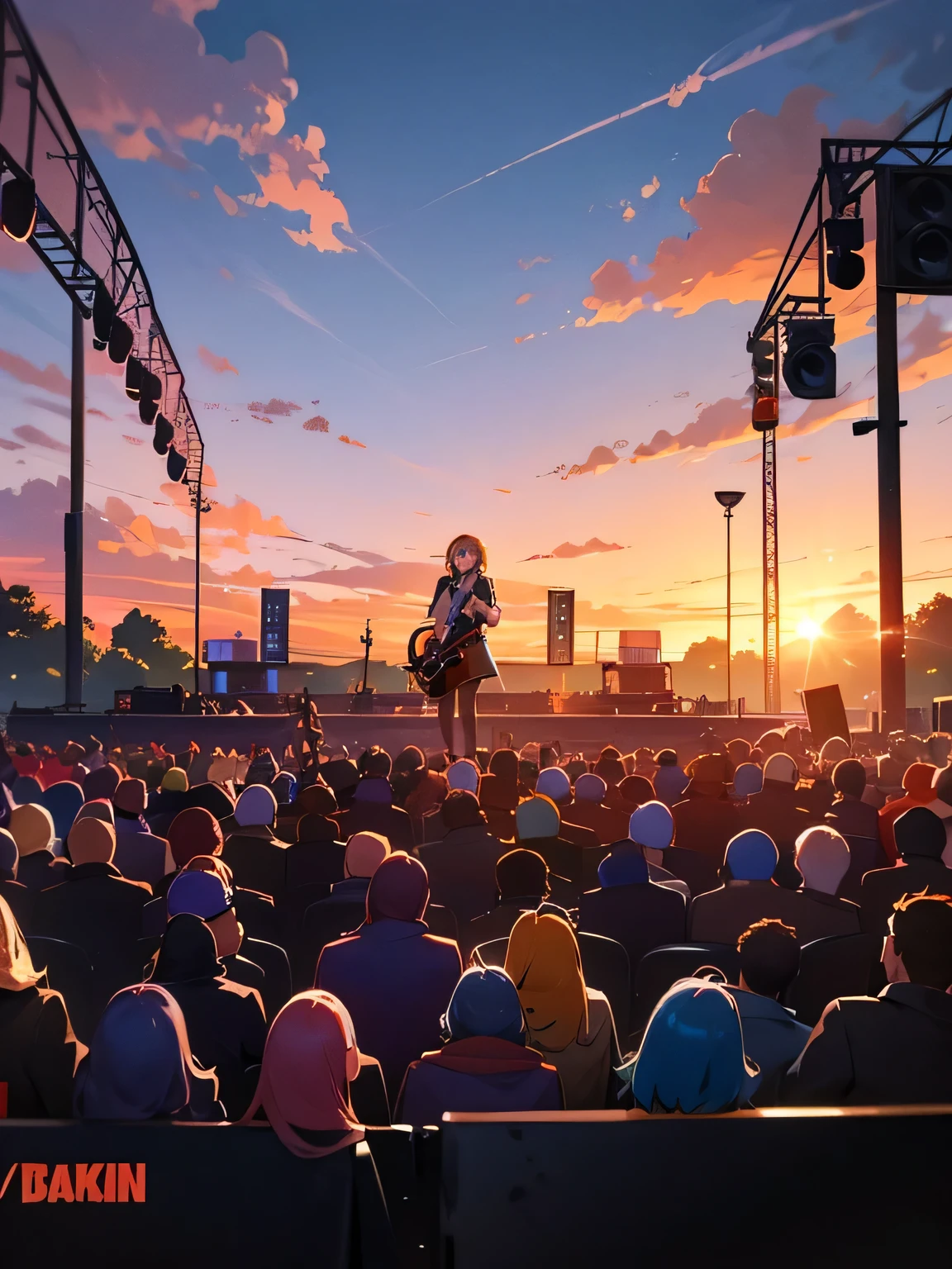 outdoor festival, Girl band singing in a very large park?Capture the entire stage,sunset