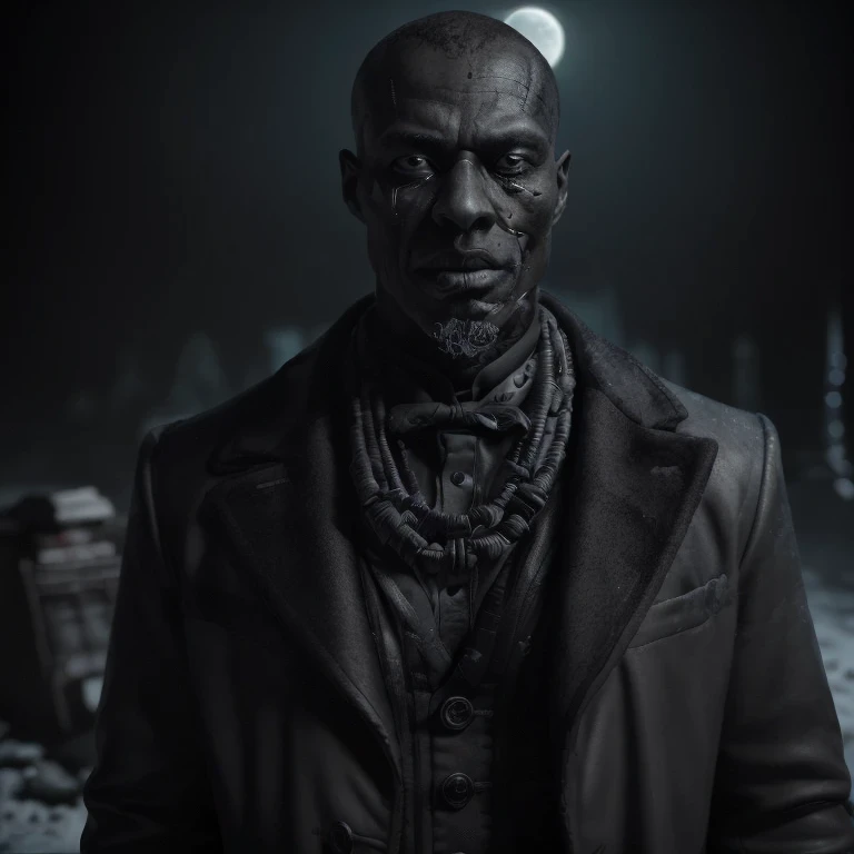 Insert the man from the current image, a dark-skinned man, in a frighteningly detailed and realistic representation. This sinister figure should be set against the backdrop of a foggy night illuminated by the cold light of the moon. The image should exude an ominous and chilling atmosphere. Use Octane rendering to capture realistic textures and lighting. The resolution should be a stunning 8K, ensuring extraordinary clarity and accuracy when portraying the sinister aspect of Death.