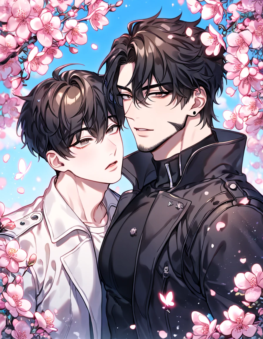 absurdres, highres, ultra detailed, HDR, master piece, best quality, extremely detailed face, delicated features, Kim Dokja & Yoo Joonghyuk, black hair, expressive gray eyes, Omniscient Reader's Viewpoint, black hair, expressive brown eyes, two sexy men together, yaoi, gay couple,handsome, black coat, white coat, fantasy, magical, pink butterflies, spring, pink leaves, pink flowers, blossoms, blue sky, joongdok