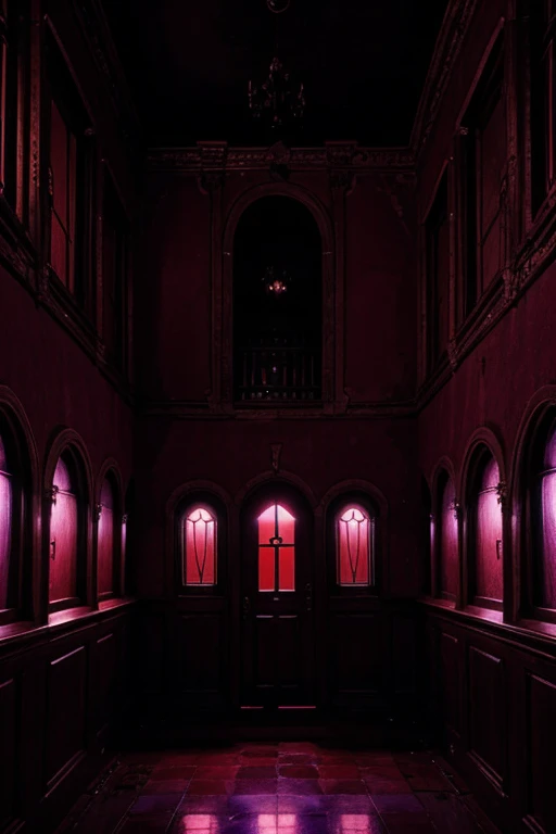 Haunted house, rooms with mucielagos. a lot of beauty, red, purple, reflexes