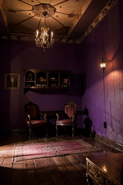 Haunted house, rooms with mucielagos. a lot of beauty, red, purple, reflexes