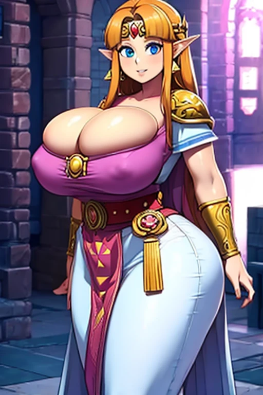 (best quality), (masterpiece), 1 girl, early 20's, huge heavy breasts, busty, massive breasts, thick, thick lips, wide hips, thin waist, princess zelda, nintendo, the legend of zelda, albw