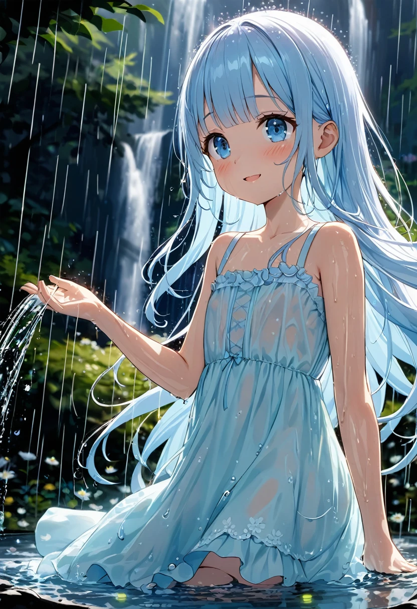 masterpiece, best quality, extremely detailed, (illustration, official art:1.1), 1 girl ,(((( light blue long hair)))), ,(((( light blue long hair)))),light blue hair, , long hair ((blush)) , cute face, masterpiece, best quality,(((((a very delicate and beautiful girl))))),Amazing,beautiful detailed eyes,blunt bangs((((little delicate girl)))),(((tareme))),droopy eyes.(true beautiful:1.2), sense of depth,dynamic angle,,,, affectionate smile, (true beautiful:1.2),,(tiny 1girl model:1.2),)(flat chest), pastel chiffon dress, cgsociety competition winner, Wet shirt effect, rain effect, Water Effects. splashing water, squirting,,Long Ong water splashed all over the area.,  Beautiful lighting elements, Beautiful corner, Smooth Movement, Winning photos, cute picture, Powerful photos, backlit photography, backdrop is the atmosphere is like being in a fairytale forest., There is a beautiful waterfall., It was filled with small white flowers and several fireflies. Long shot	、Background with waterfall and water drops