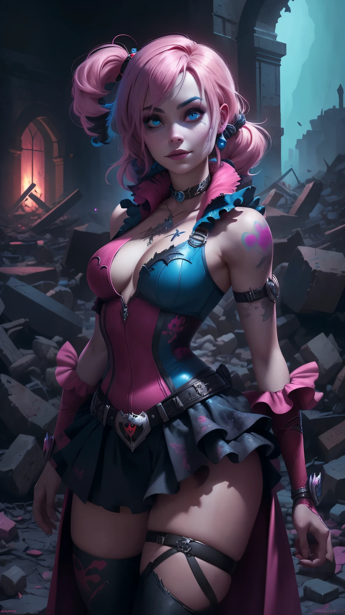 (La mejor calidad,A high resolution,Ultra - detallado,actual),harley quinn supergils sexy , (Margot Robbie dressed as harley quinn in Suicide Squad all alone) ,(Ruined dungeon ruins background:1.4 ), TOP Negro violent ,(pink hair +red:1.4), MINISKIRT Corto yellow, (cowboy pose), ,( cyberpunk 2.1),( harley quinn:1.4),( harley quinn V2.1), (gothic city background), (bright colors:1.4), (Margot Robbie dressed as harley quinn in Suicide Squad all alone), (cool color: 1.4), sharp focus, 8k UHD, DSLR, (Fujifilm XT3), score_9, score_8_up, score_7_up, score_6_up,More detailed 8K.motor irreal:1.4,UHD,La mejor calidad:1.4, fotorrealista:1.4, textura de la piel:1.4, obra maestra:1.8,obra-prima, mejor calidad,objeto Objeto], (detailed face features:1.3),(Las proporciones correctas),(Ojos hermosos azules),  (pose vaquero), Epic Fantasy Art Style HD, 4K fantasy art, epic fantasy digital art style, epic fantasy art style, Fantasy Woman, epic fantasy art portrait, Epic fantasy style, hyperrealistic fantasy art, hd fantasy art, Epic fantasy character art, epic fantasy art, in style of dark fantasy art, epic fantasy digital art, (tatuaje :1.4) 